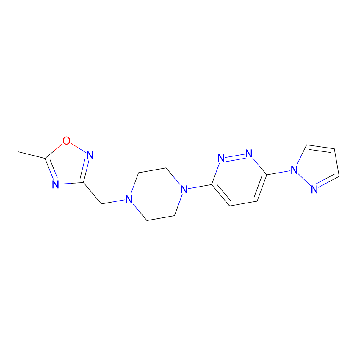 3-{4-[(5-methyl-1,2,4-oxadiazol-3-yl)methyl]piperazin-1-yl}-6-(1H-pyrazol-1-yl)pyridazine molecular structure, CAS 2742069-85-6
