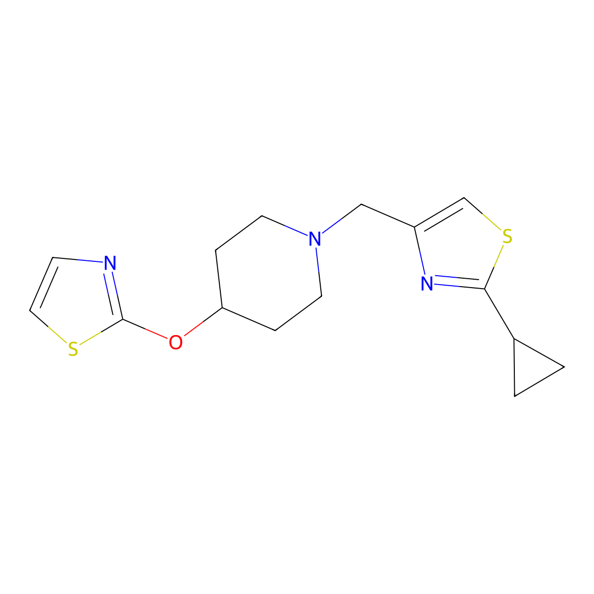 1-[(2-Cyclopropyl-1,3-thiazol-4-yl)methyl]-4-(1,3-thiazol-2-yloxy)piperidine molecular structure, CAS 2742069-90-3
