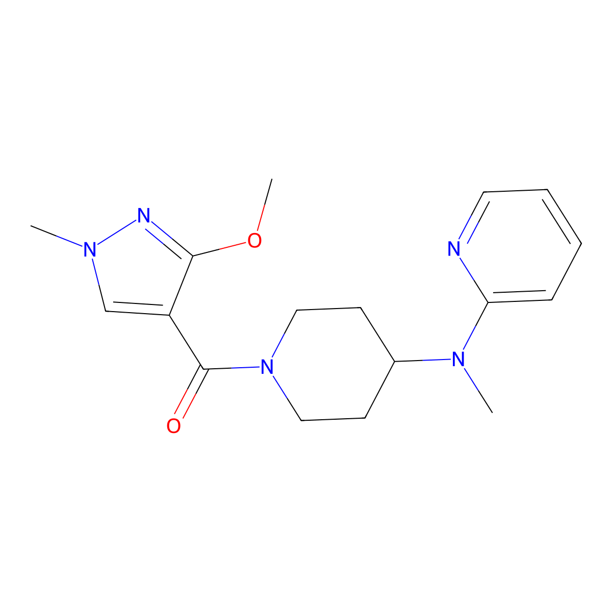 N-[1-(3-methoxy-1-methyl-1H-pyrazole-4-carbonyl)piperidin-4-yl]-N-methylpyridin-2-amine molecular structure, CAS 2742069-96-9