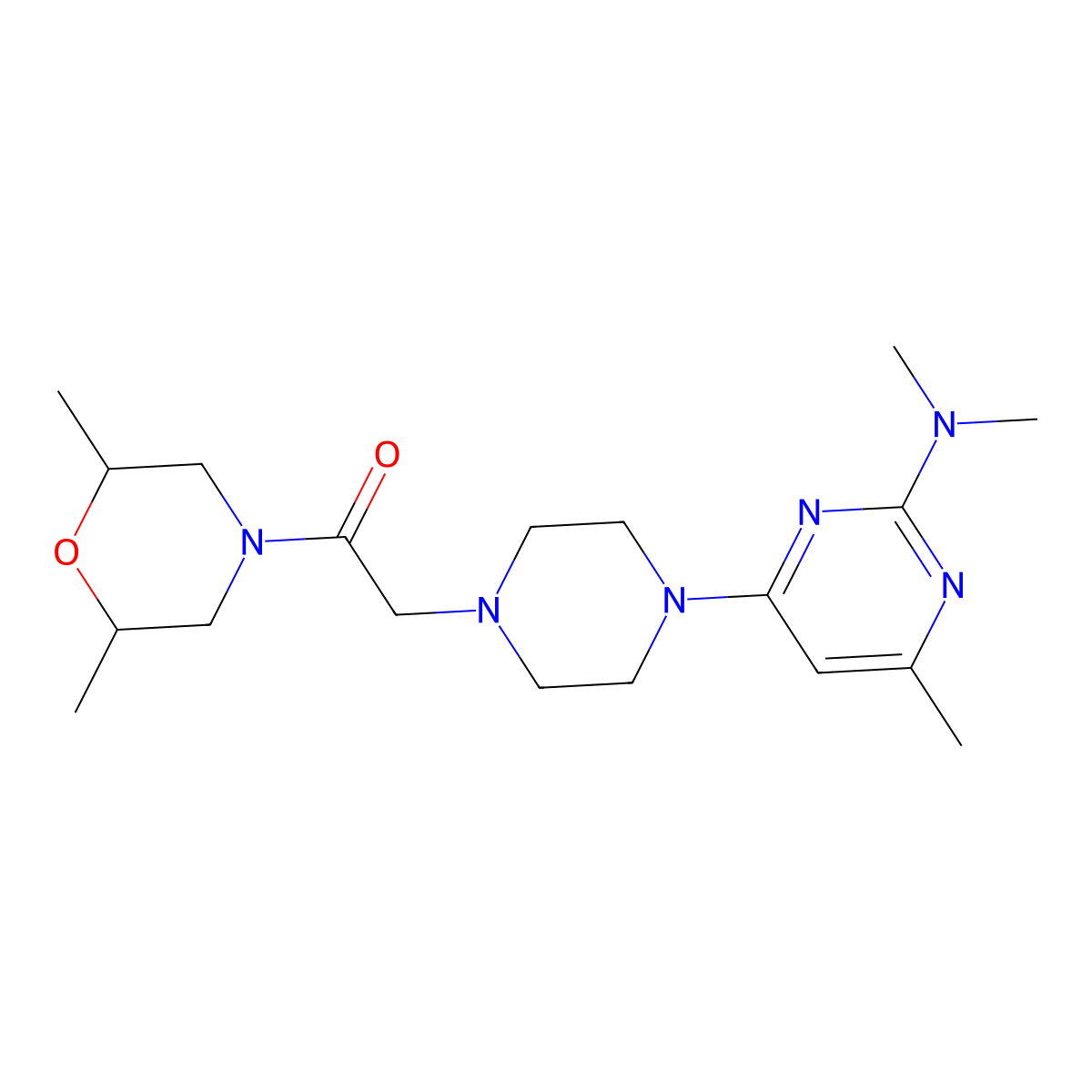 2-{4-[2-(Dimethylamino)-6-methylpyrimidin-4-yl]piperazin-1-yl}-1-(2,6-dimethylmorpholin-4-yl)ethan-1-one molecular structure, CAS 2742069-98-1