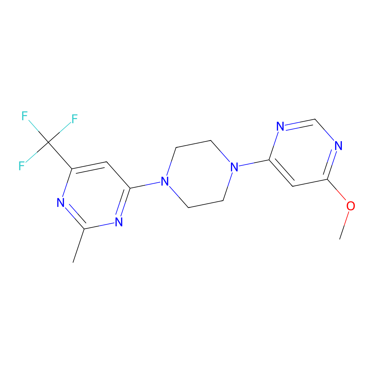 4-[4-(6-Methoxypyrimidin-4-yl)piperazin-1-yl]-2-methyl-6-(trifluoromethyl)pyrimidine molecular structure, CAS 2742069-99-2