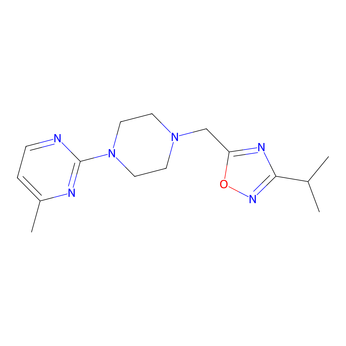 4-Methyl-2-(4-{[3-(propan-2-yl)-1,2,4-oxadiazol-5-yl]methyl}piperazin-1-yl)pyrimidine molecular structure, CAS 2742070-07-9