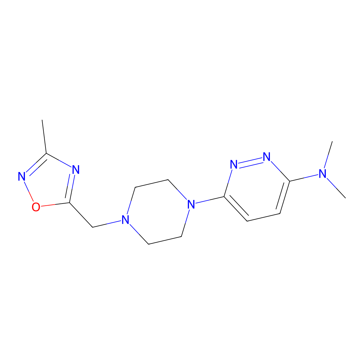 N,N-dimethyl-6-{4-[(3-methyl-1,2,4-oxadiazol-5-yl)methyl]piperazin-1-yl}pyridazin-3-amine molecular structure, CAS 2742070-11-5