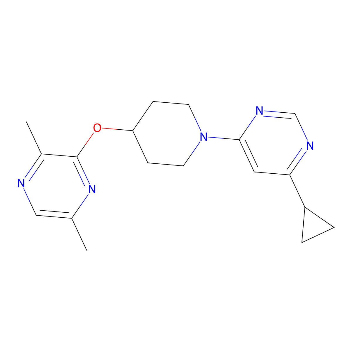 4-Cyclopropyl-6-{4-[(3,6-dimethylpyrazin-2-yl)oxy]piperidin-1-yl}pyrimidine molecular structure, CAS 2742077-76-3