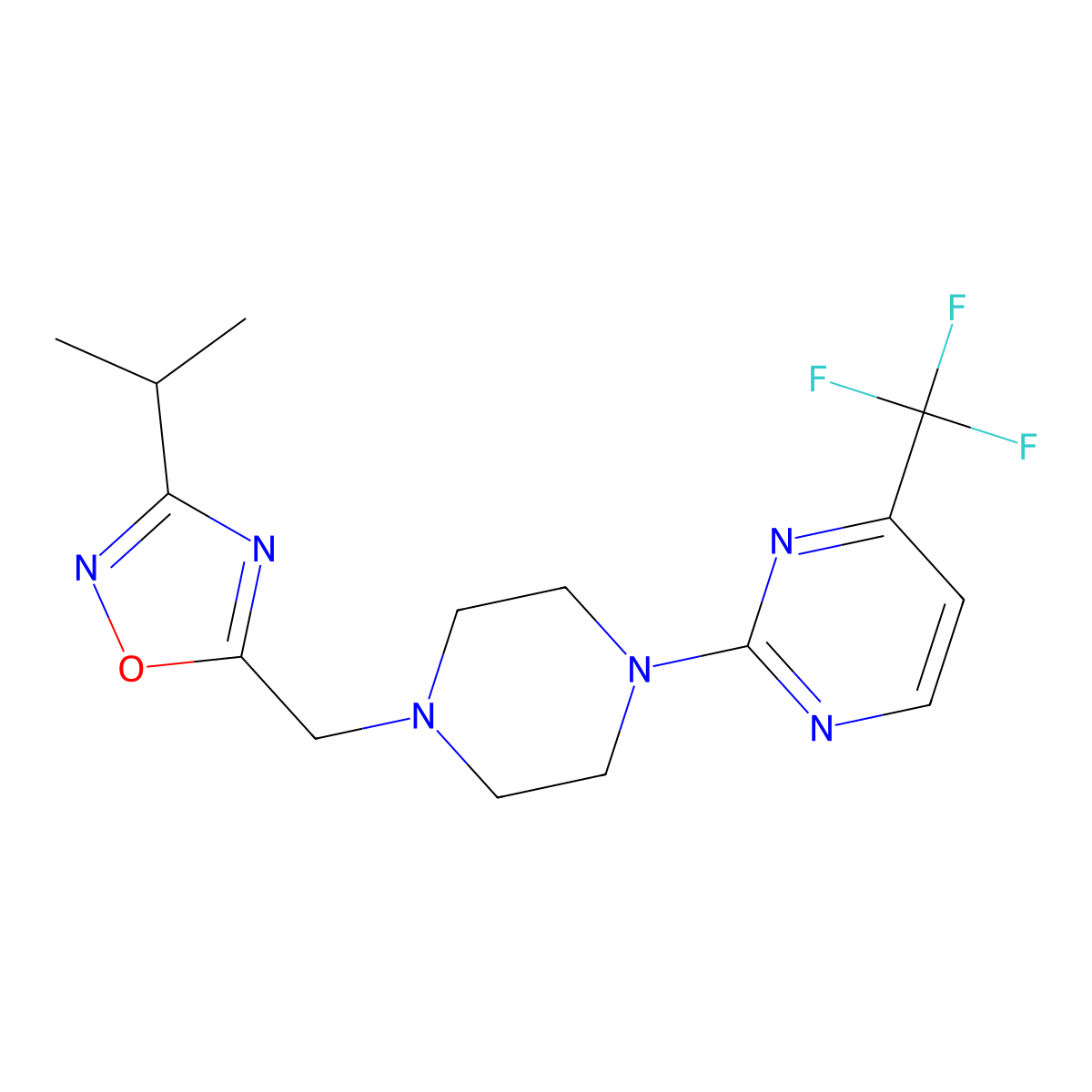 2-(4-{[3-(Propan-2-yl)-1,2,4-oxadiazol-5-yl]methyl}piperazin-1-yl)-4-(trifluoromethyl)pyrimidine molecular structure, CAS 2742077-87-6