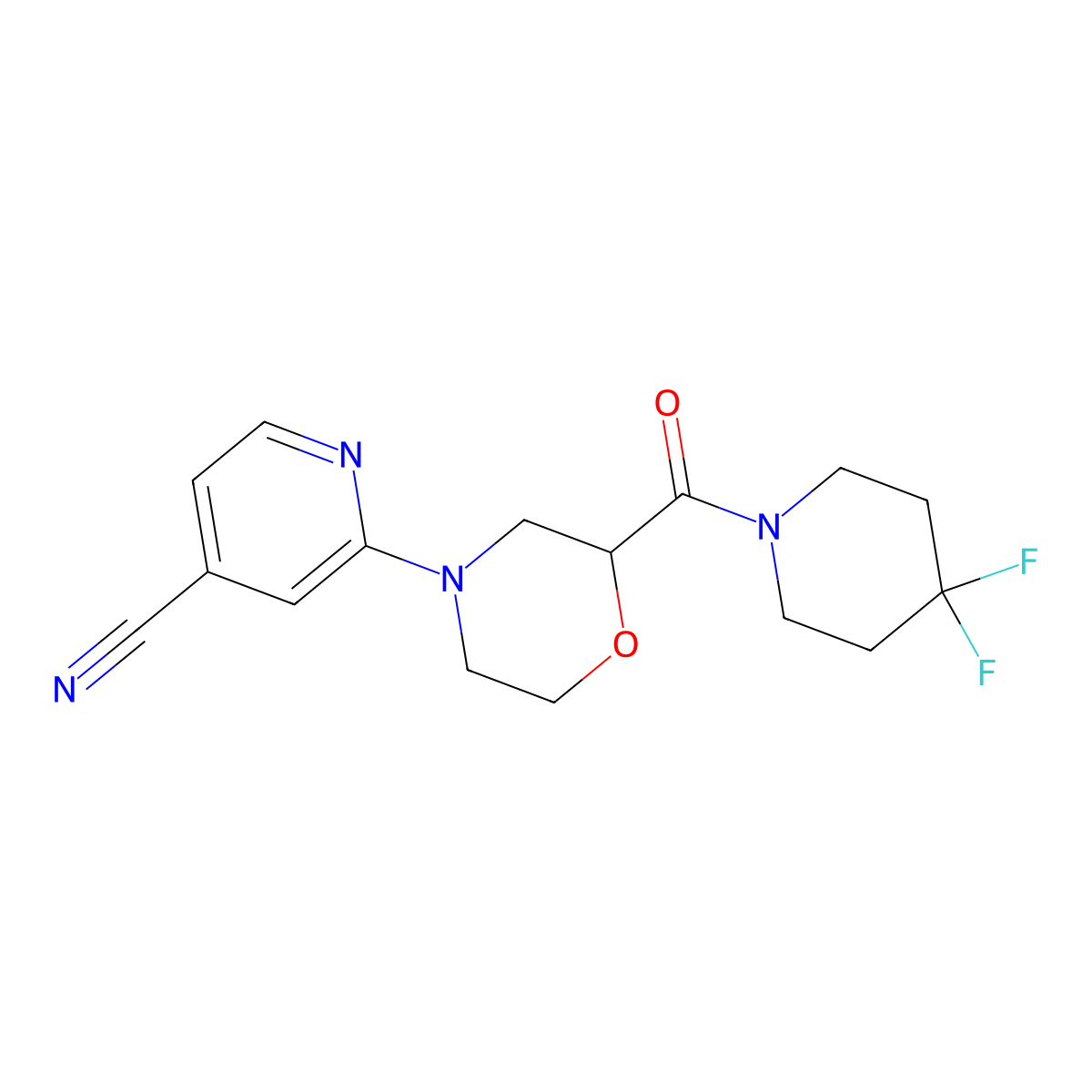 2-[2-(4,4-Difluoropiperidine-1-carbonyl)morpholin-4-yl]pyridine-4-carbonitrile molecular structure, CAS 2742077-91-2