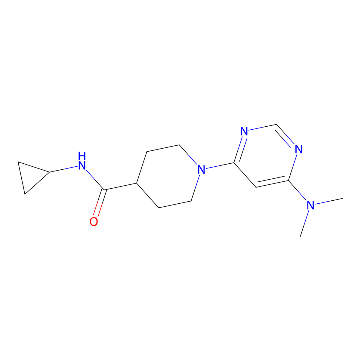 N-cyclopropyl-1-[6-(dimethylamino)pyrimidin-4-yl]piperidine-4-carboxamide molecular structure, CAS 2742077-94-5
