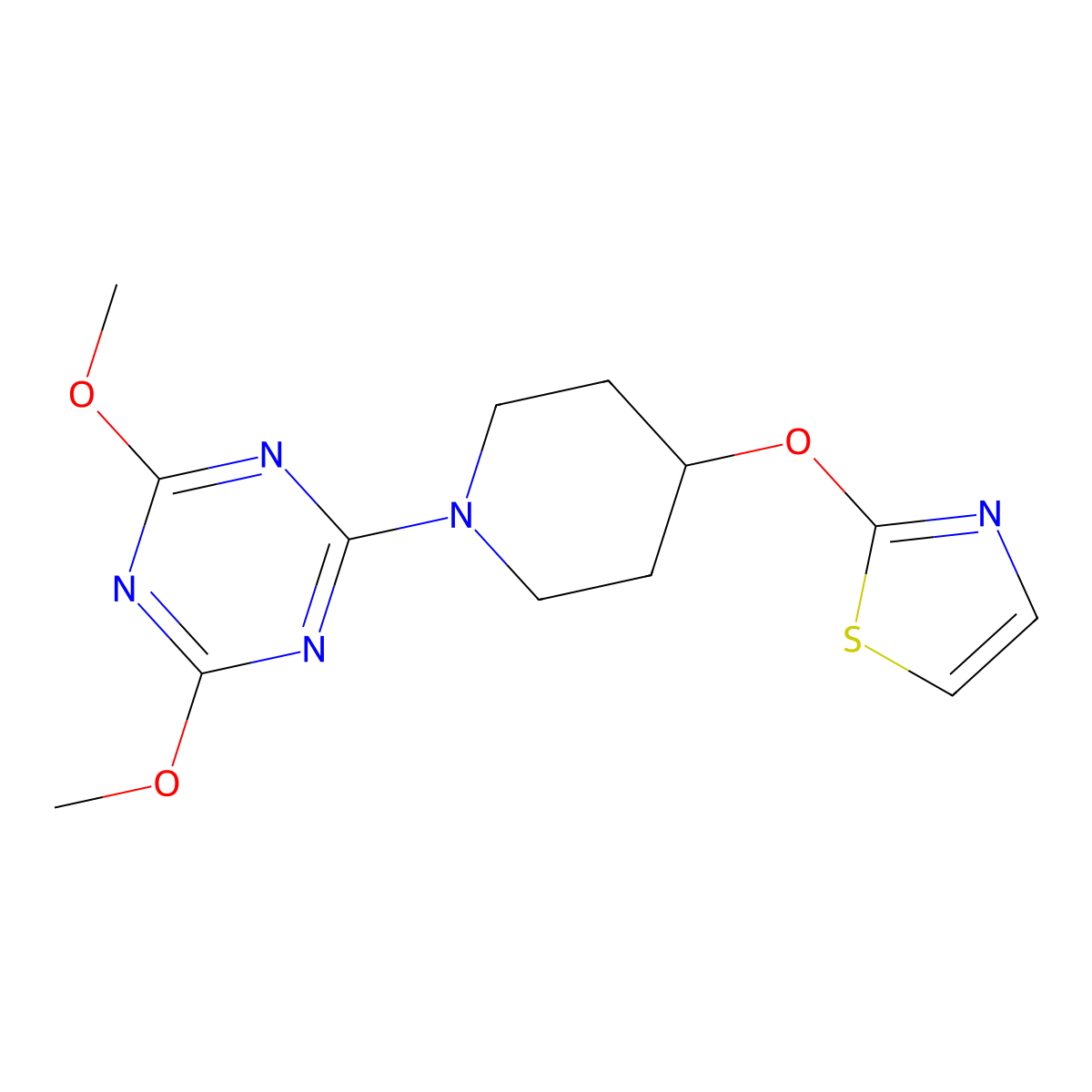 2,4-Dimethoxy-6-[4-(1,3-thiazol-2-yloxy)piperidin-1-yl]-1,3,5-triazine molecular structure, CAS 2742078-05-1