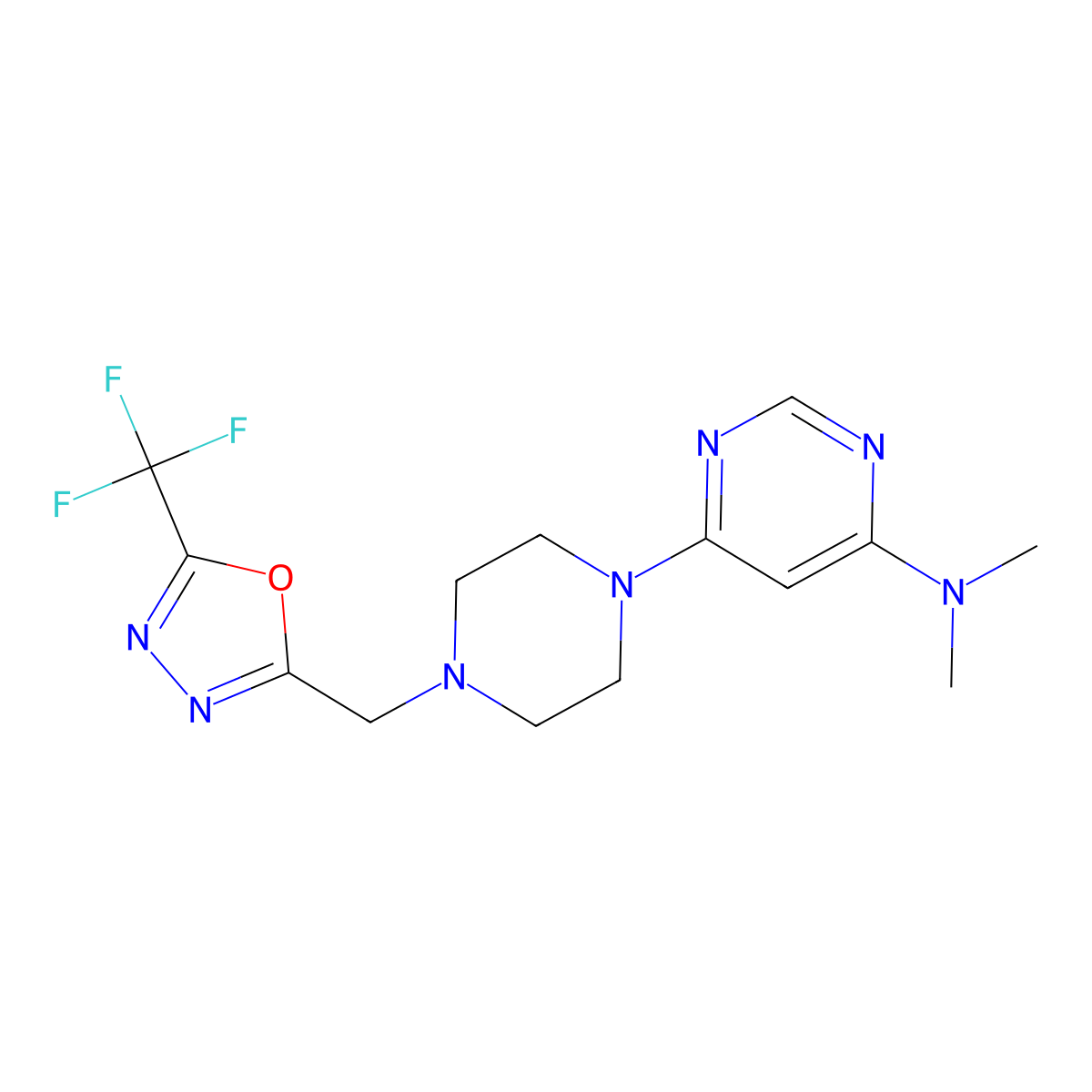 N,N-dimethyl-6-(4-{[5-(trifluoromethyl)-1,3,4-oxadiazol-2-yl]methyl}piperazin-1-yl)pyrimidin-4-amine molecular structure, CAS 2742078-07-3