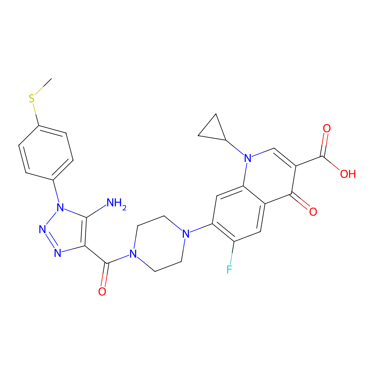 7-(4-{5-amino-1-[4-(methylsulfanyl)phenyl]-1H-1,2,3-triazole-4-carbonyl}piperazin-1-yl)-1-cyclopropyl-6-fluoro-4-oxo-1,4-dihydroquinoline-3-carboxylic acid molecular structure, CAS 2742078-11-9