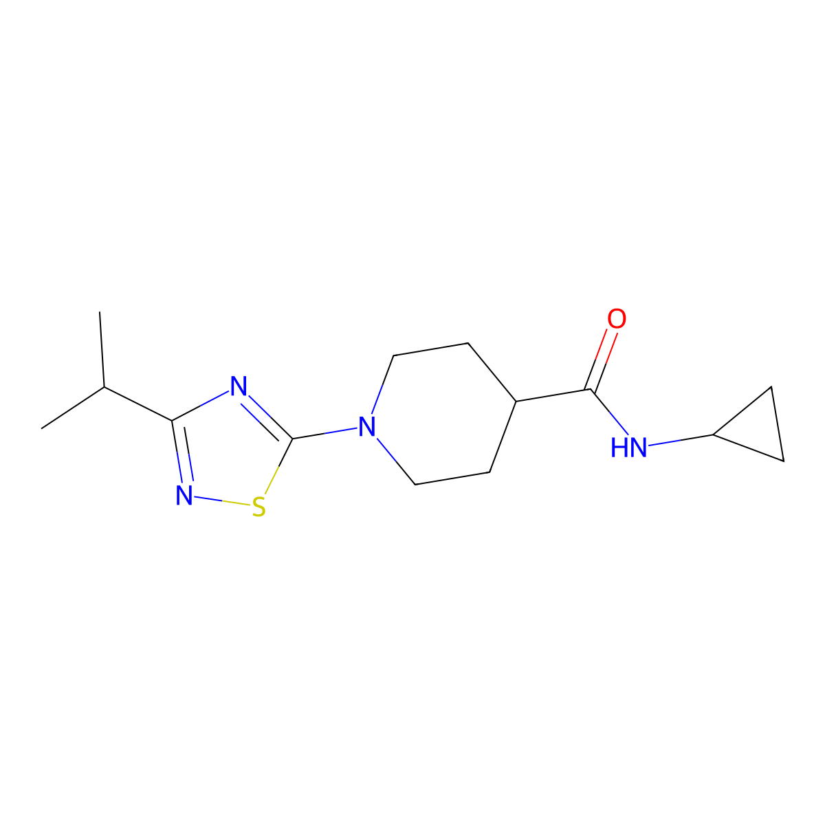 N-cyclopropyl-1-[3-(propan-2-yl)-1,2,4-thiadiazol-5-yl]piperidine-4-carboxamide molecular structure, CAS 2742078-16-4