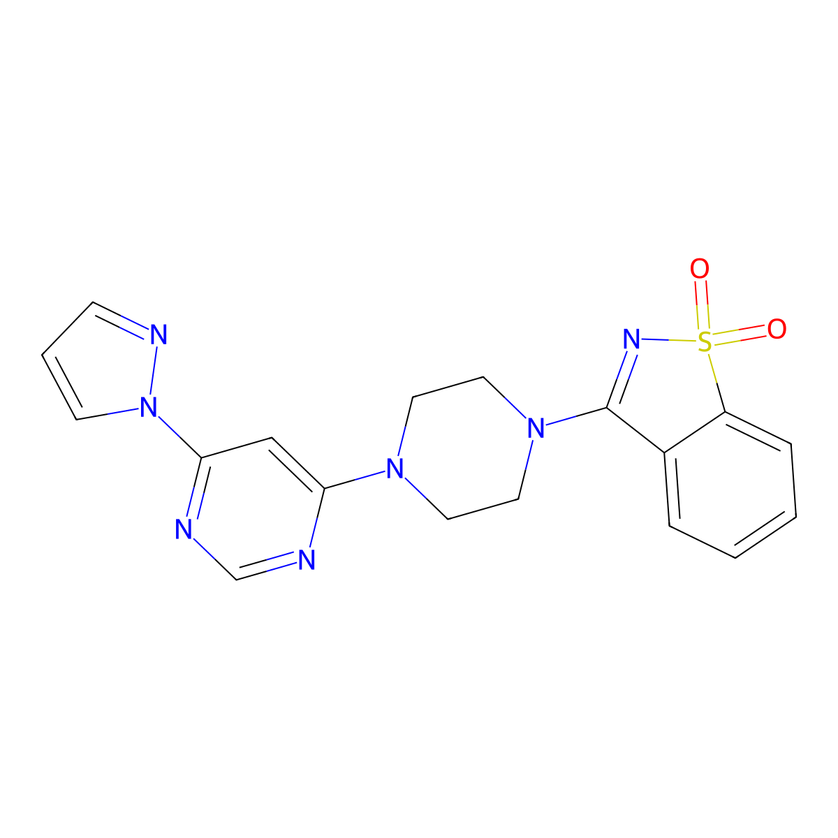 3-{4-[6-(1H-pyrazol-1-yl)pyrimidin-4-yl]piperazin-1-yl}-1lambda6,2-benzothiazole-1,1-dione molecular structure, CAS 2742078-18-6