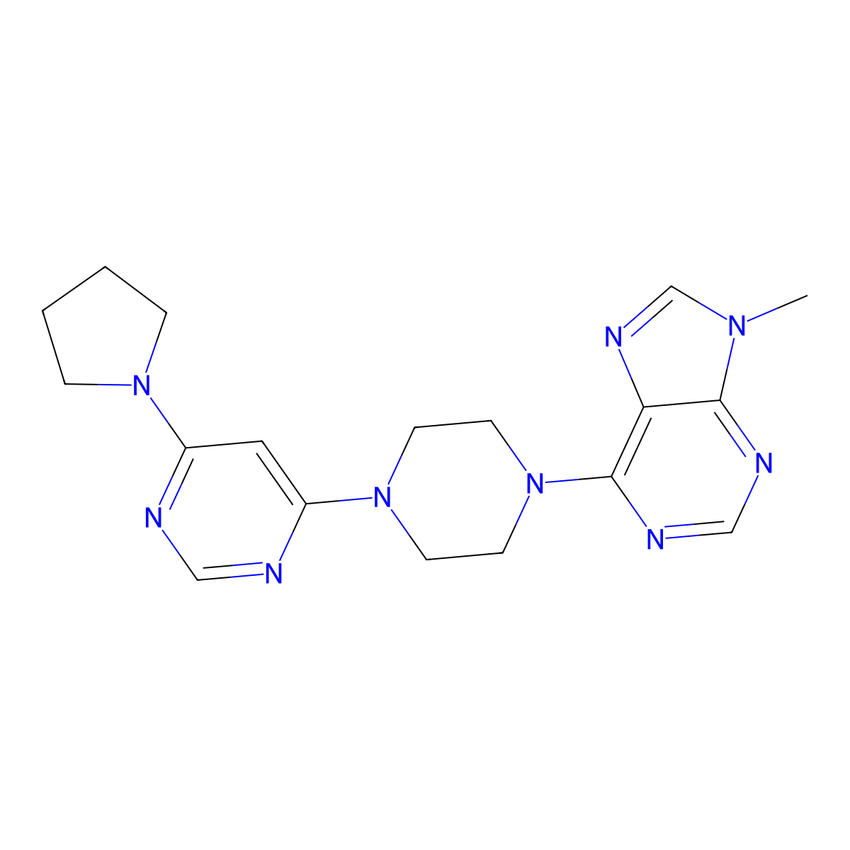 9-methyl-6-{4-[6-(pyrrolidin-1-yl)pyrimidin-4-yl]piperazin-1-yl}-9H-purine molecular structure, CAS 2742078-24-4