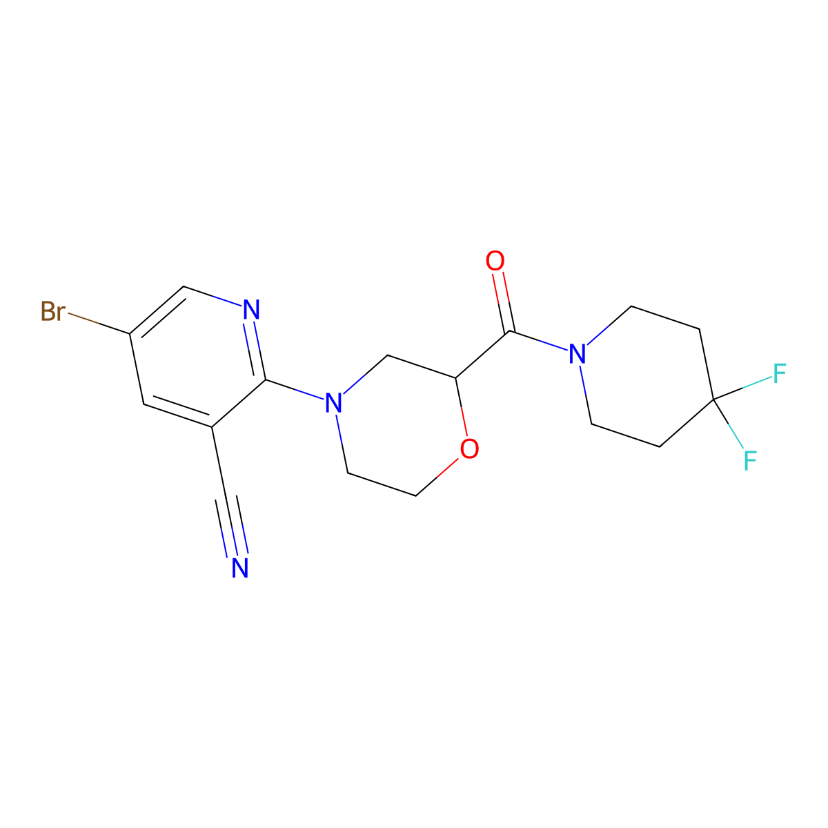 5-Bromo-2-[2-(4,4-difluoropiperidine-1-carbonyl)morpholin-4-yl]pyridine-3-carbonitrile molecular structure, CAS 2742078-34-6