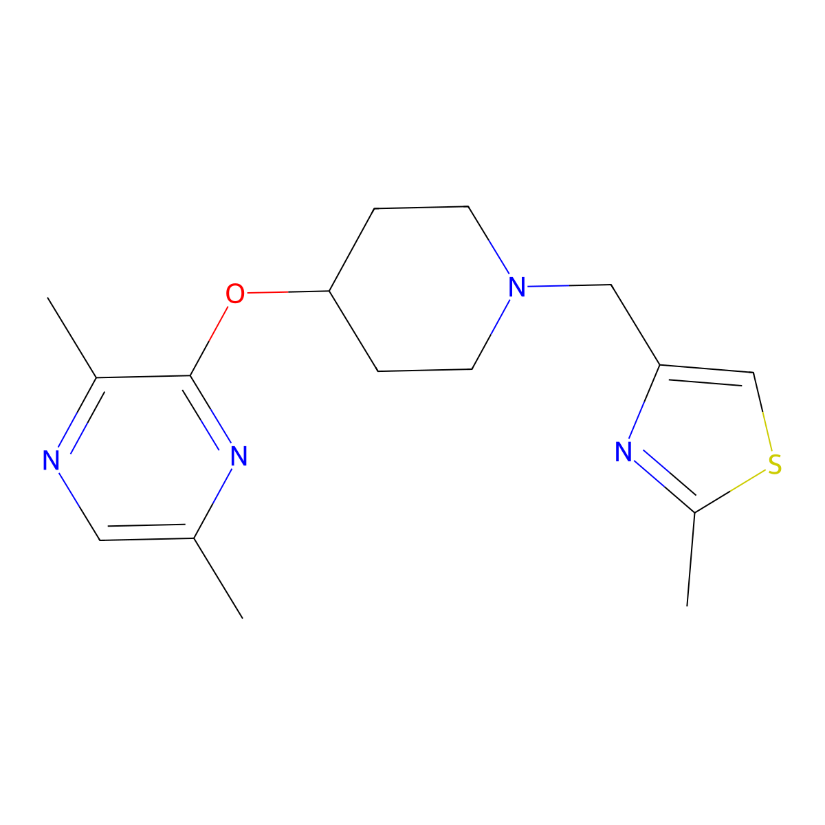 2,5-Dimethyl-3-({1-[(2-methyl-1,3-thiazol-4-yl)methyl]piperidin-4-yl}oxy)pyrazine molecular structure, CAS 2742078-43-7