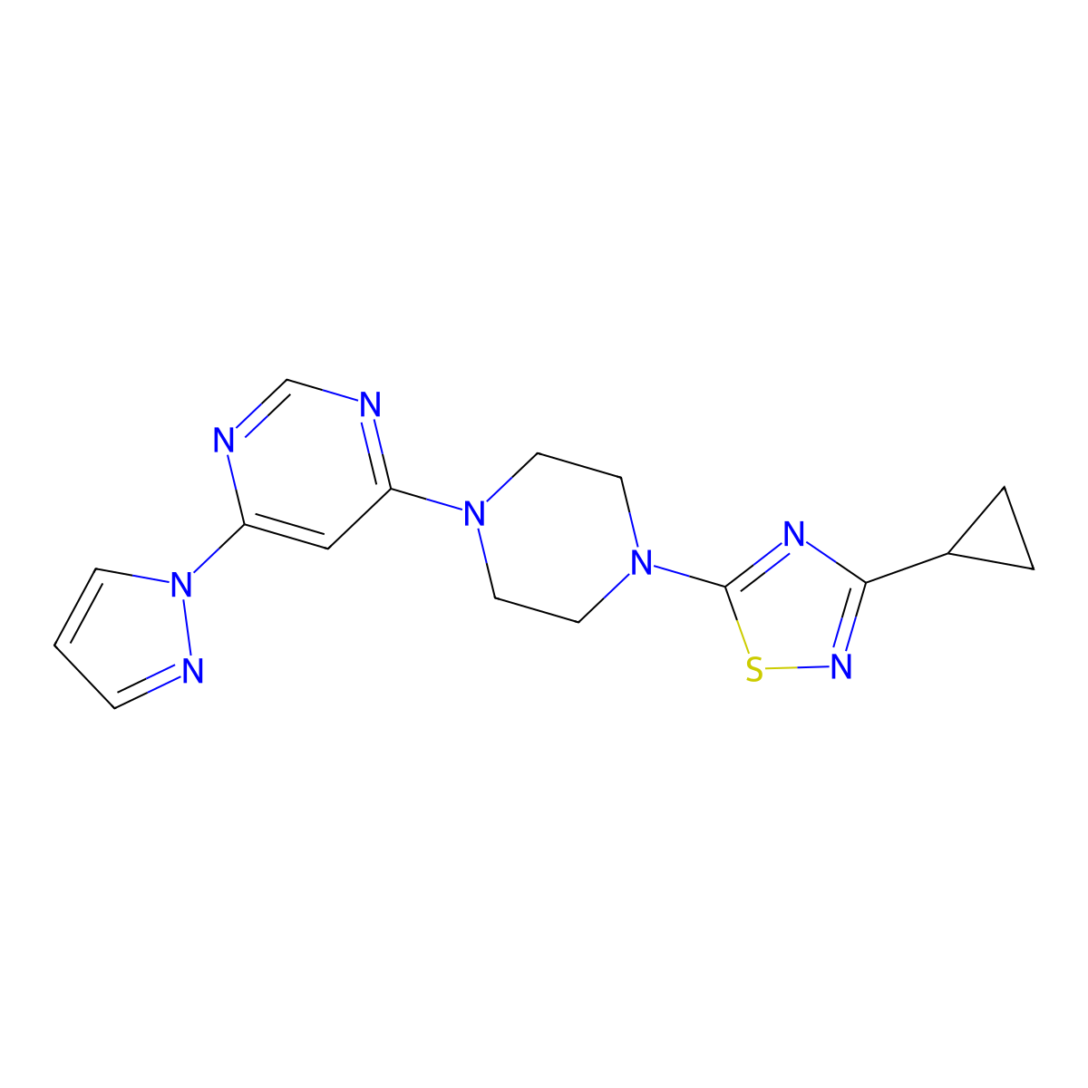 4-[4-(3-cyclopropyl-1,2,4-thiadiazol-5-yl)piperazin-1-yl]-6-(1H-pyrazol-1-yl)pyrimidine molecular structure, CAS 2742078-44-8