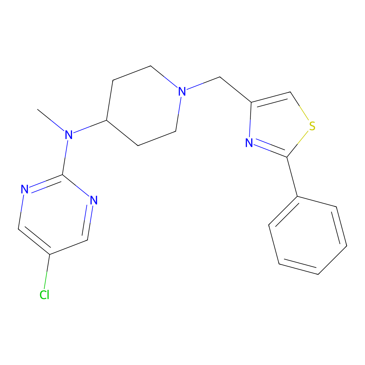 5-chloro-N-methyl-N-{1-[(2-phenyl-1,3-thiazol-4-yl)methyl]piperidin-4-yl}pyrimidin-2-amine molecular structure, CAS 2742078-57-3