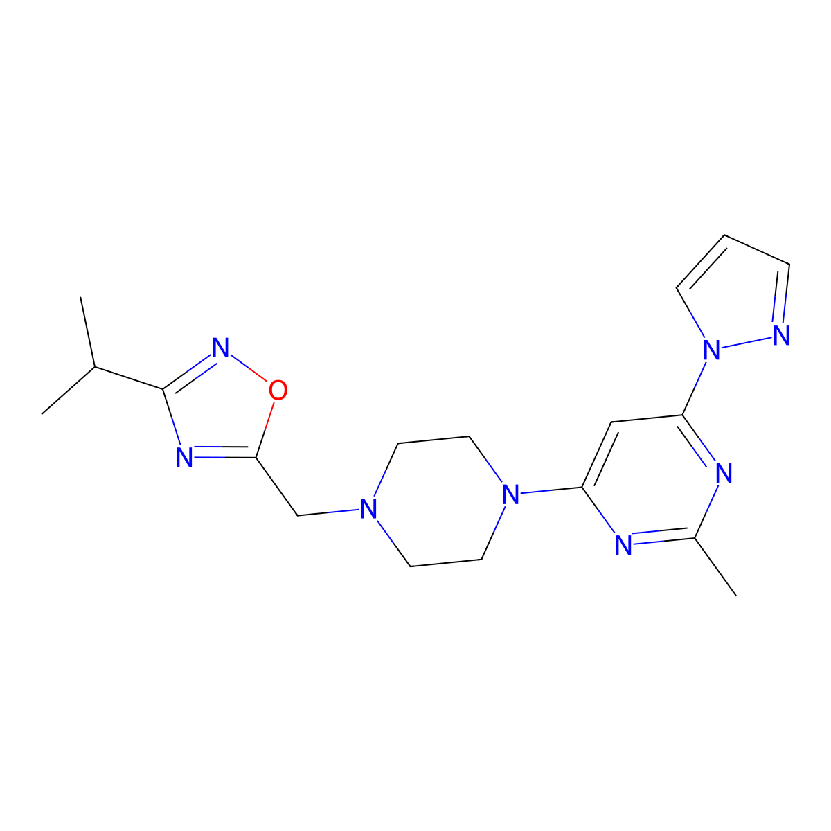 2-methyl-4-(4-{[3-(propan-2-yl)-1,2,4-oxadiazol-5-yl]methyl}piperazin-1-yl)-6-(1H-pyrazol-1-yl)pyrimidine molecular structure, CAS 2742078-58-4
