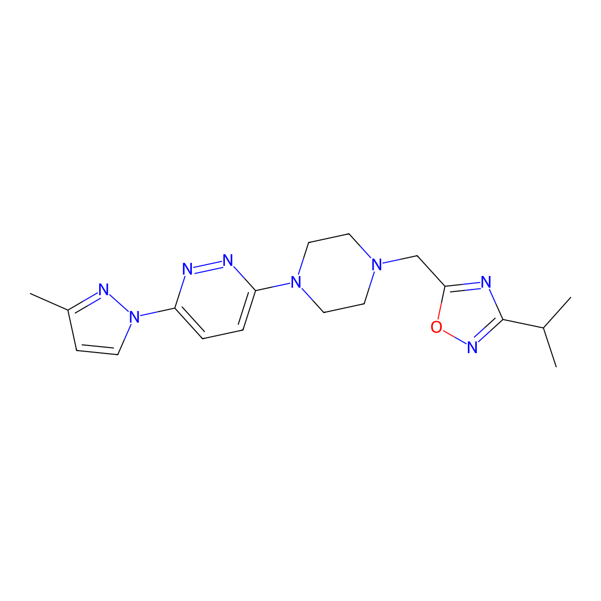 3-(3-methyl-1H-pyrazol-1-yl)-6-(4-{[3-(propan-2-yl)-1,2,4-oxadiazol-5-yl]methyl}piperazin-1-yl)pyridazine molecular structure, CAS 2742078-62-0