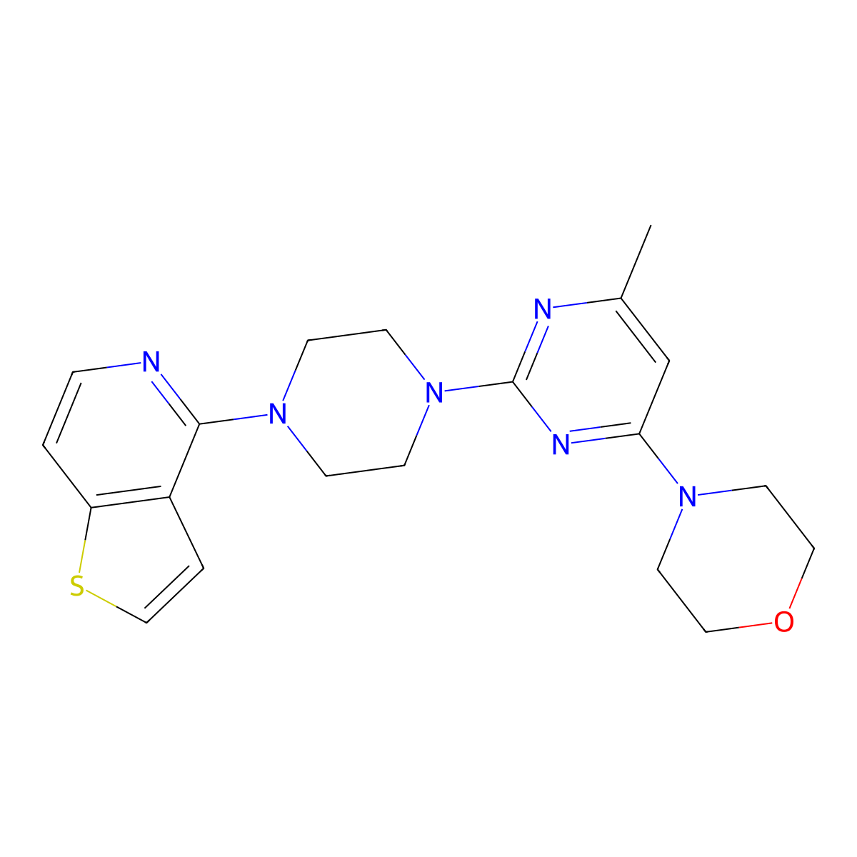 4-[6-Methyl-2-(4-{thieno[3,2-c]pyridin-4-yl}piperazin-1-yl)pyrimidin-4-yl]morpholine molecular structure, CAS 2742078-63-1