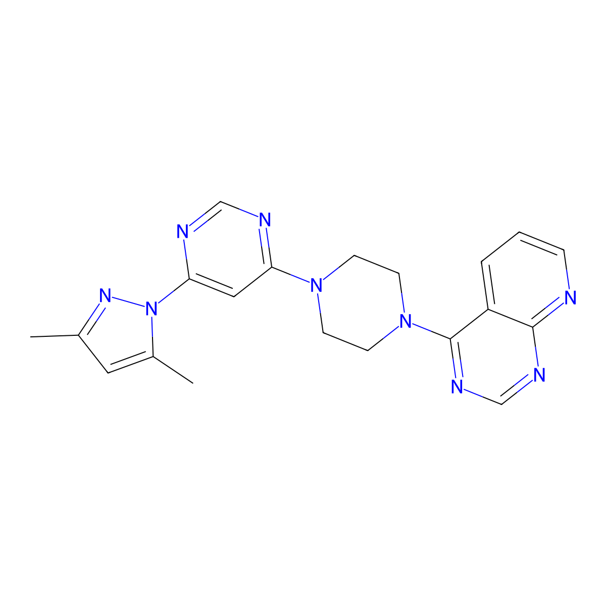 4-(3,5-dimethyl-1H-pyrazol-1-yl)-6-(4-{pyrido[2,3-d]pyrimidin-4-yl}piperazin-1-yl)pyrimidine molecular structure, CAS 2742078-74-4
