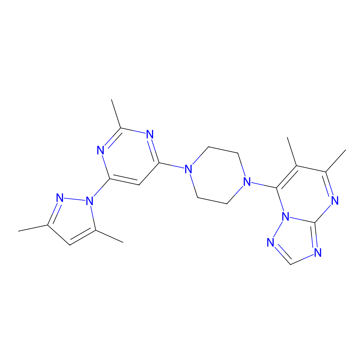 4-(3,5-dimethyl-1H-pyrazol-1-yl)-6-(4-{5,6-dimethyl-[1,2,4]triazolo[1,5-a]pyrimidin-7-yl}piperazin-1-yl)-2-methylpyrimidine molecular structure, CAS 2742078-78-8