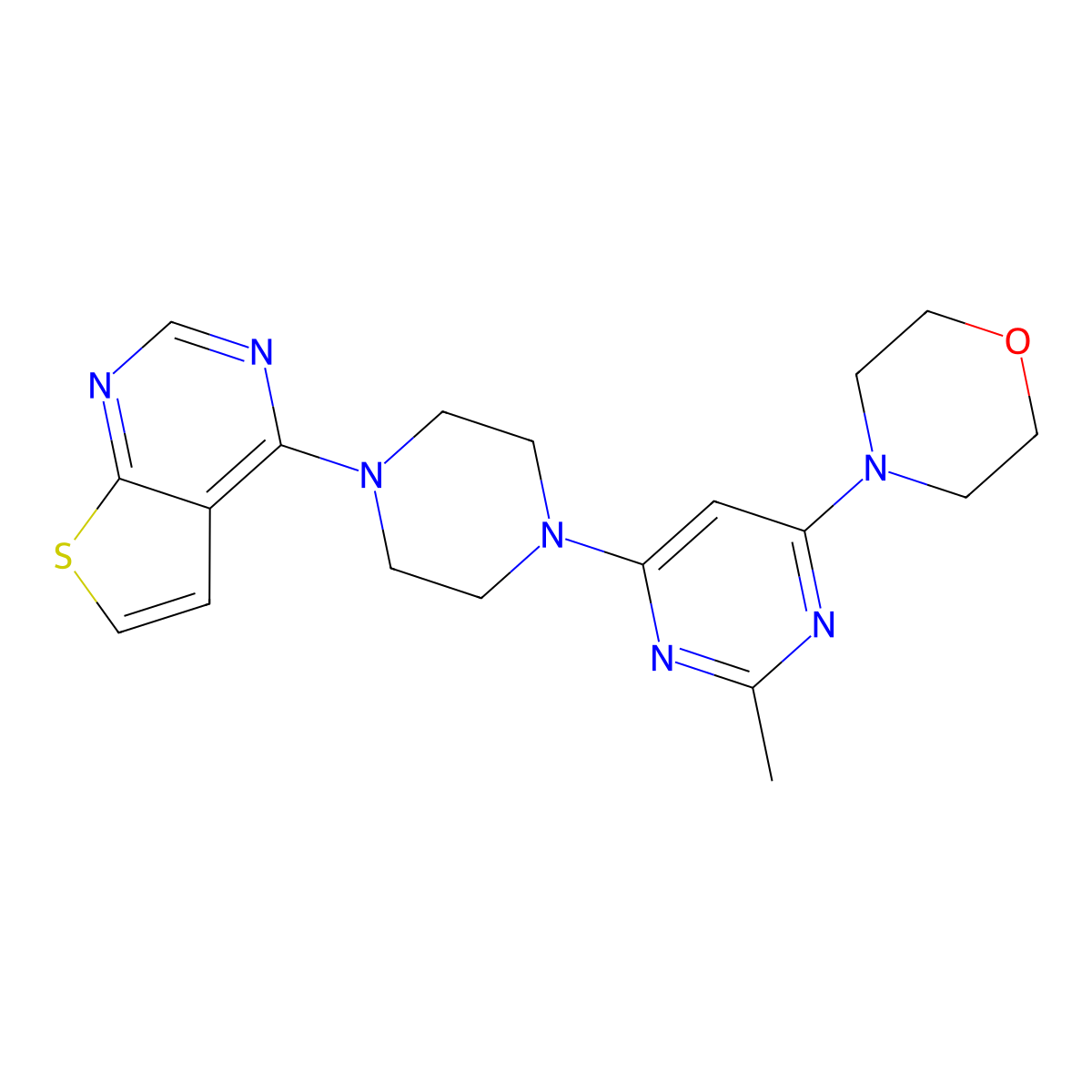 4-[2-Methyl-6-(4-{thieno[2,3-d]pyrimidin-4-yl}piperazin-1-yl)pyrimidin-4-yl]morpholine molecular structure, CAS 2742078-89-1