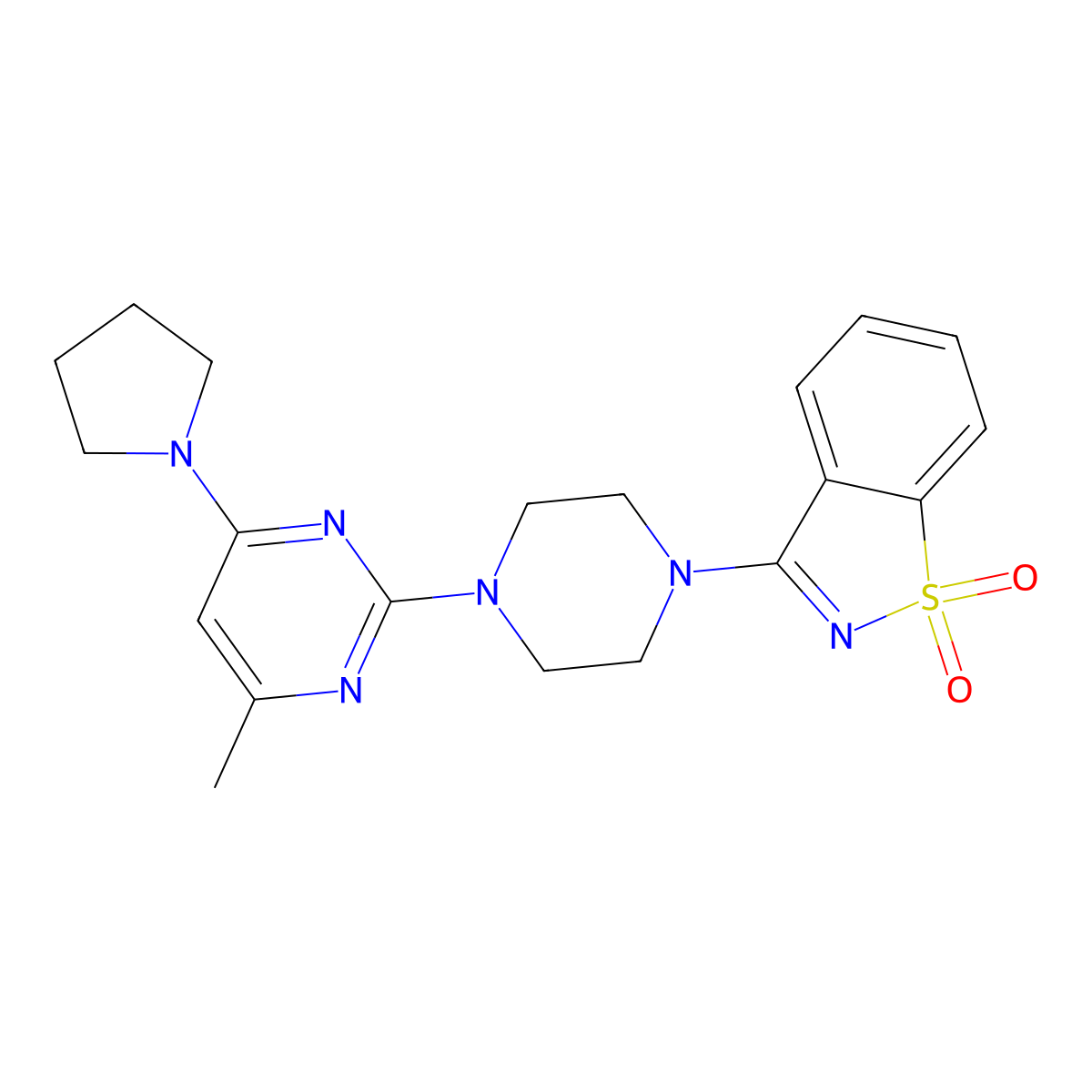 3-{4-[4-Methyl-6-(pyrrolidin-1-yl)pyrimidin-2-yl]piperazin-1-yl}-1lambda6,2-benzothiazole-1,1-dione molecular structure, CAS 2742078-94-8