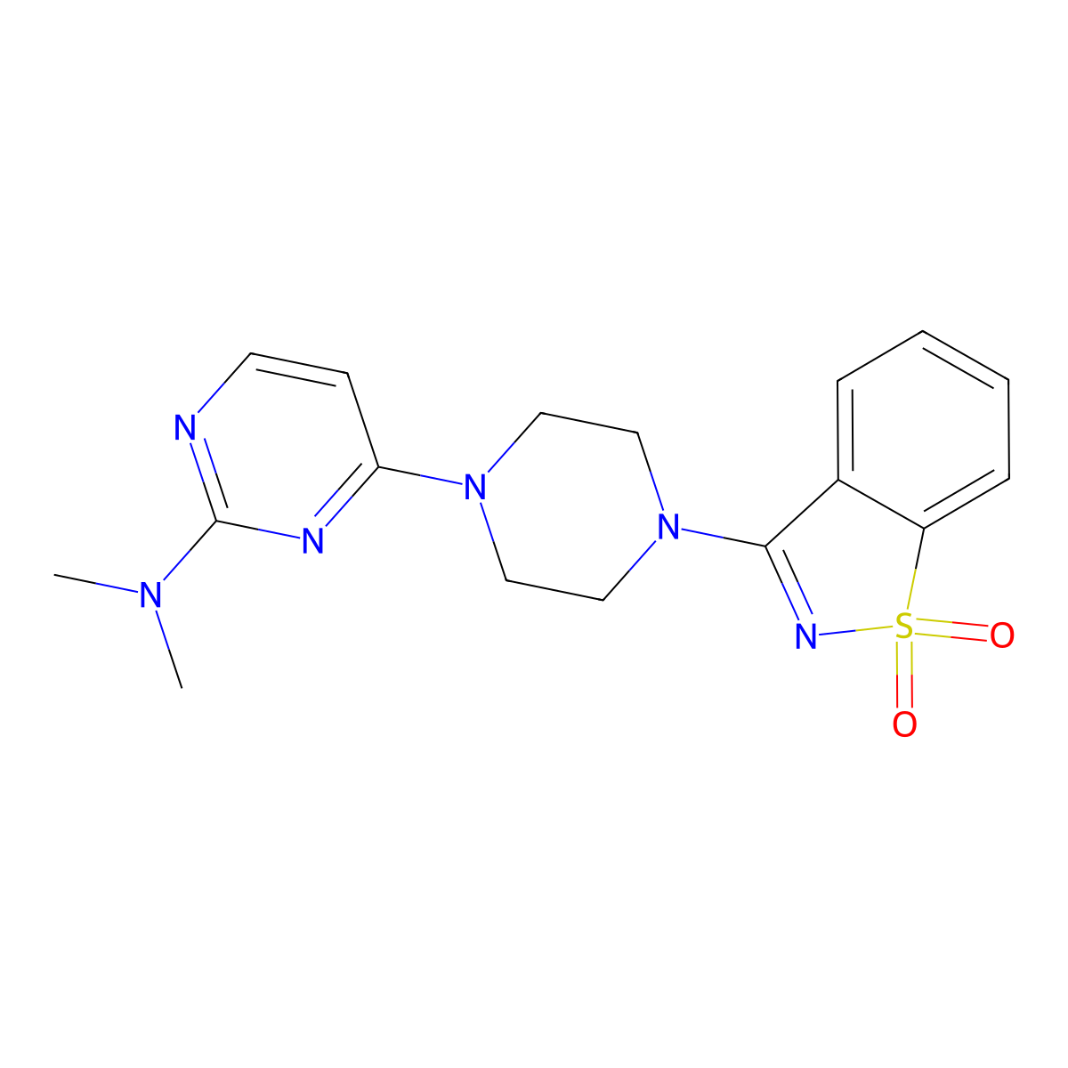 3-{4-[2-(Dimethylamino)pyrimidin-4-yl]piperazin-1-yl}-1lambda6,2-benzothiazole-1,1-dione molecular structure, CAS 2742078-95-9