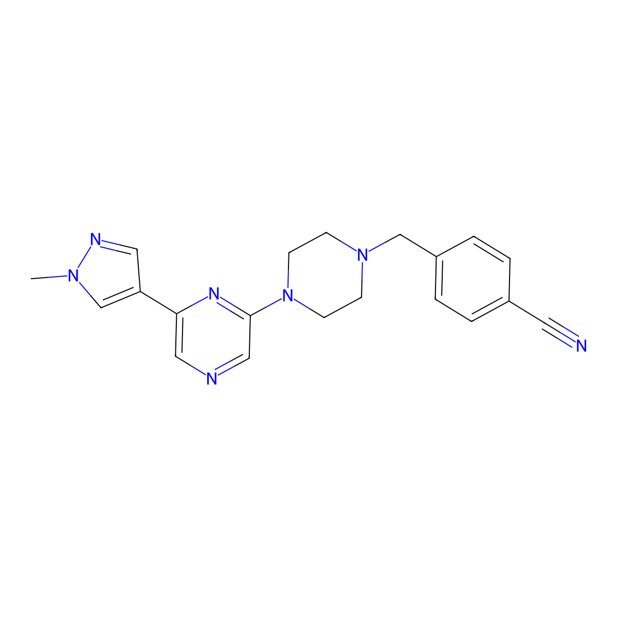 4-({4-[6-(1-methyl-1H-pyrazol-4-yl)pyrazin-2-yl]piperazin-1-yl}methyl)benzonitrile molecular structure, CAS 2742078-97-1
