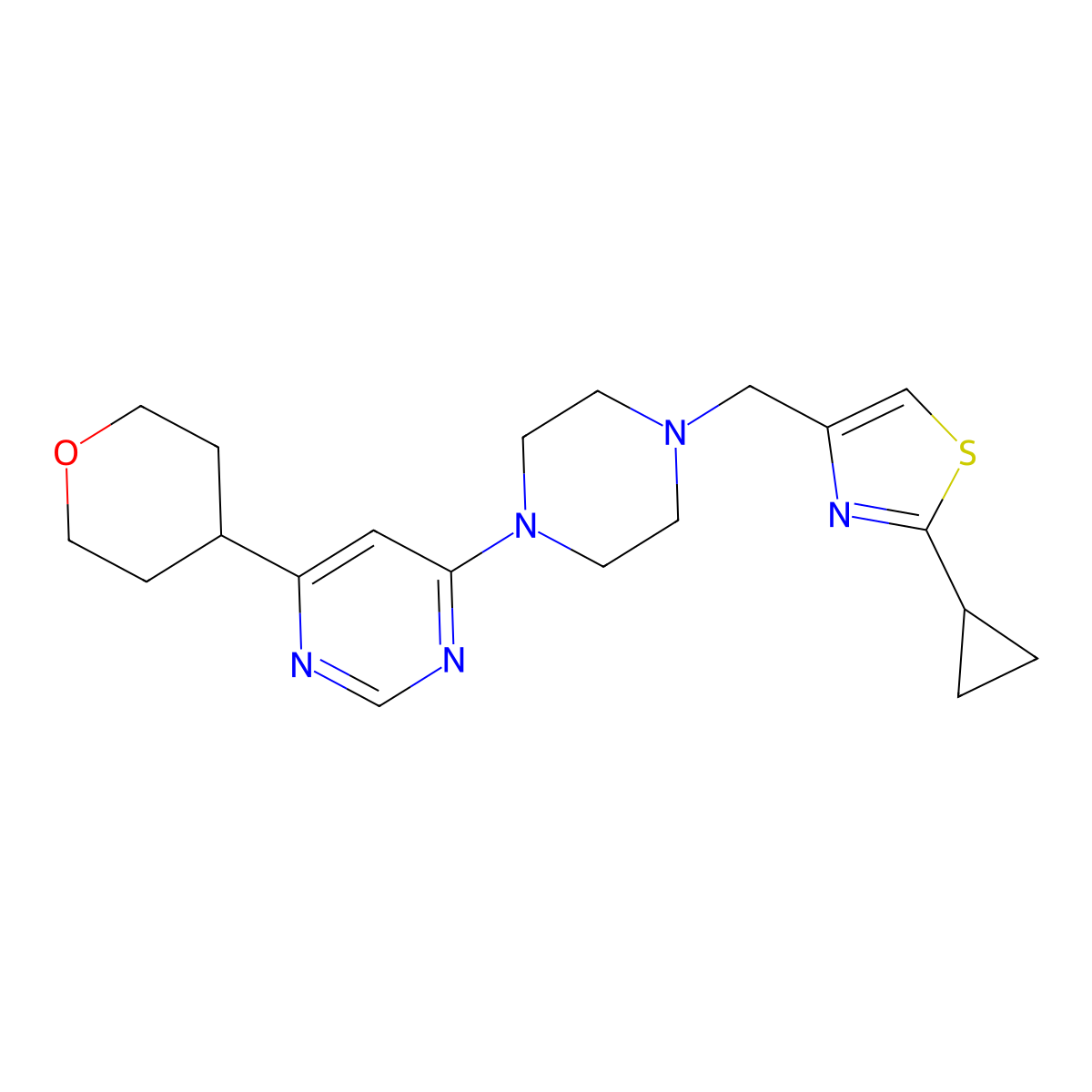 4-{4-[(2-Cyclopropyl-1,3-thiazol-4-yl)methyl]piperazin-1-yl}-6-(oxan-4-yl)pyrimidine molecular structure, CAS 2742078-98-2