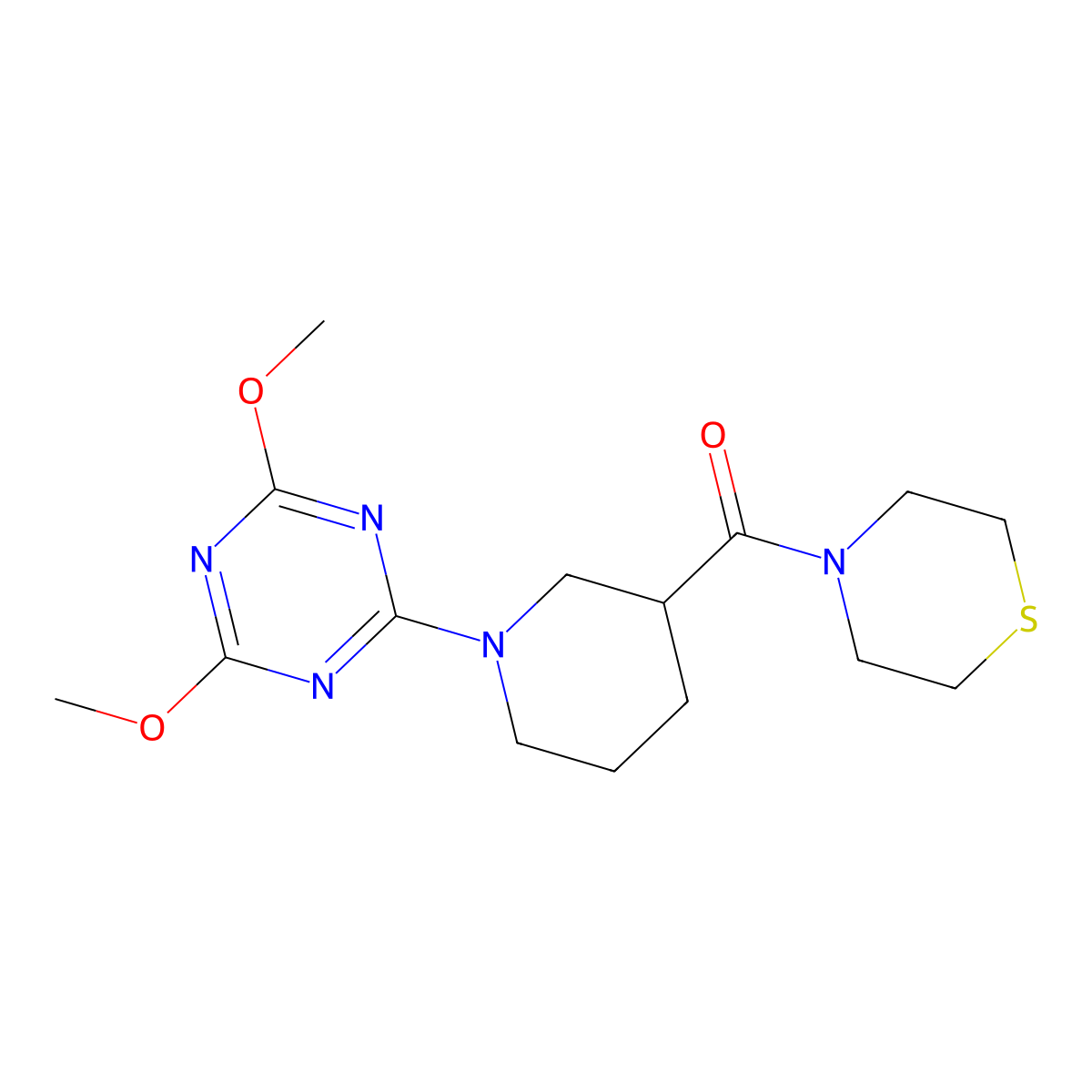 2,4-Dimethoxy-6-[3-(thiomorpholine-4-carbonyl)piperidin-1-yl]-1,3,5-triazine molecular structure, CAS 2742079-01-0