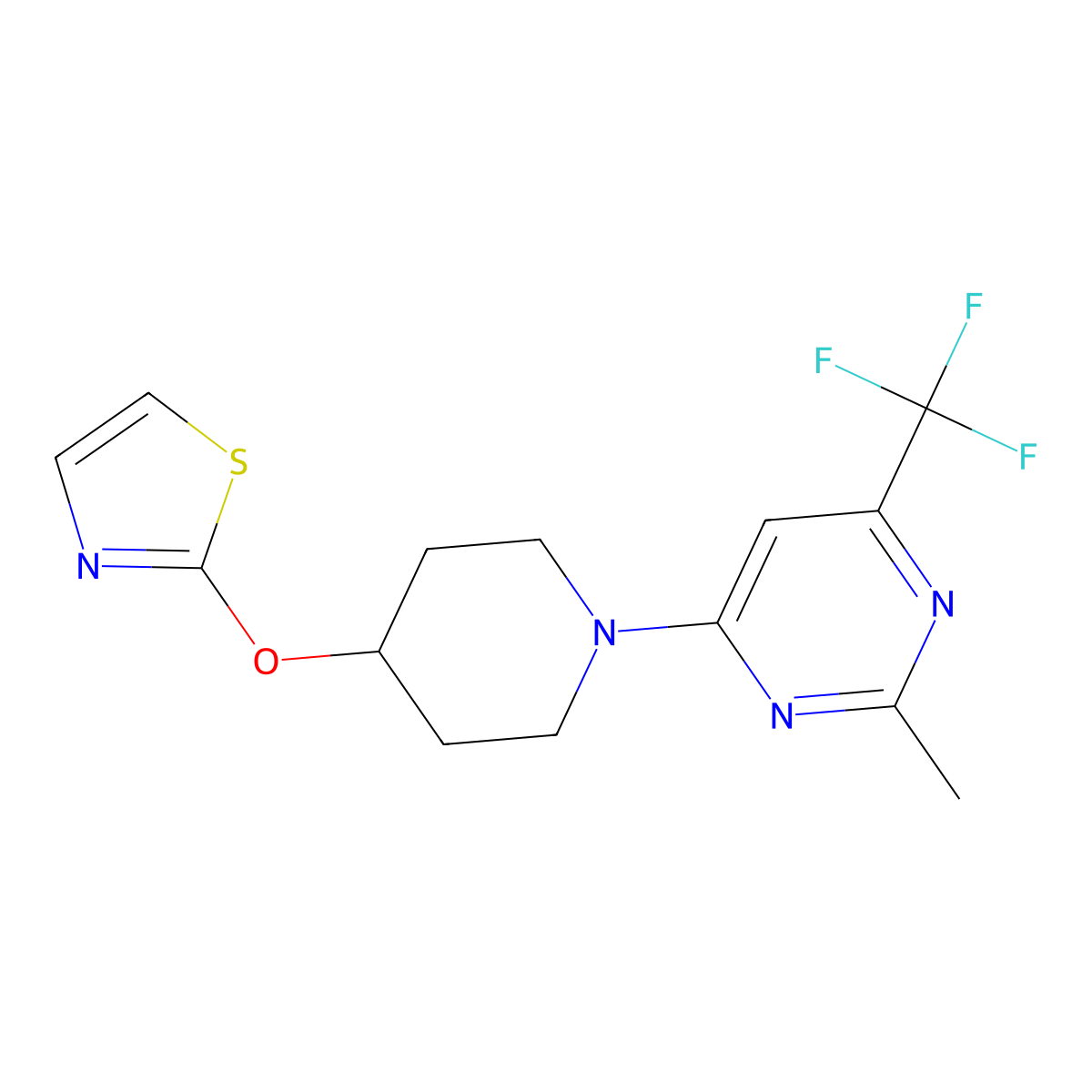 2-Methyl-4-[4-(1,3-thiazol-2-yloxy)piperidin-1-yl]-6-(trifluoromethyl)pyrimidine molecular structure, CAS 2742079-05-4