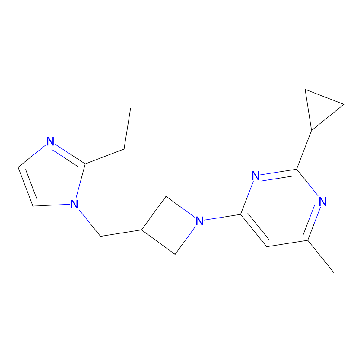 2-cyclopropyl-4-{3-[(2-ethyl-1H-imidazol-1-yl)methyl]azetidin-1-yl}-6-methylpyrimidine molecular structure, CAS 2742079-10-1