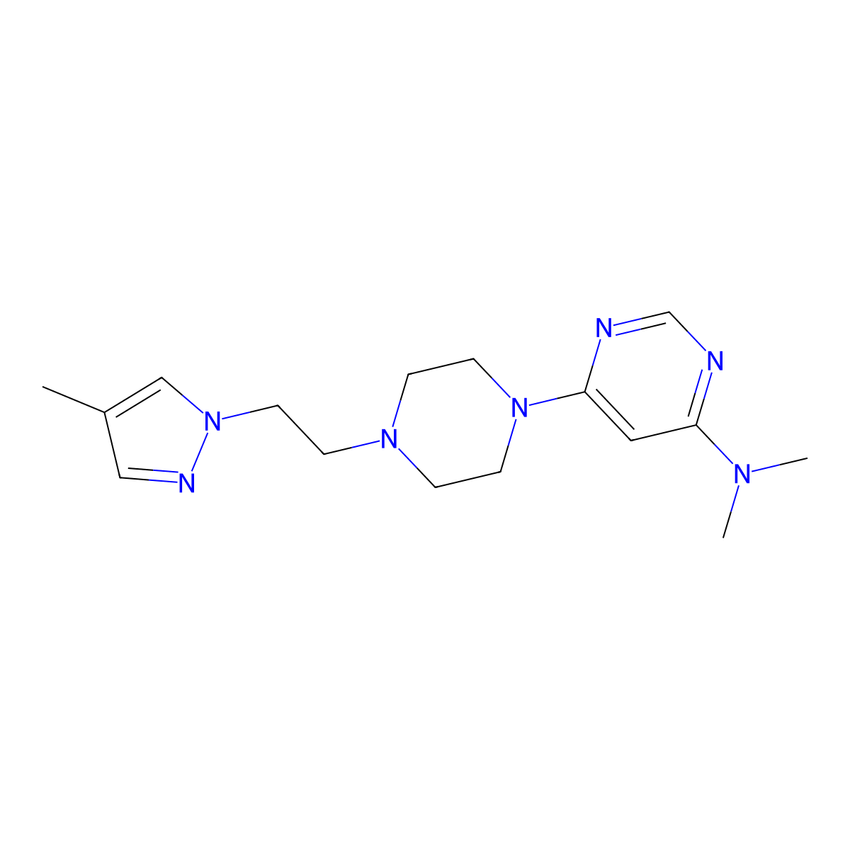 N,N-dimethyl-6-{4-[2-(4-methyl-1H-pyrazol-1-yl)ethyl]piperazin-1-yl}pyrimidin-4-amine molecular structure, CAS 2742079-13-4