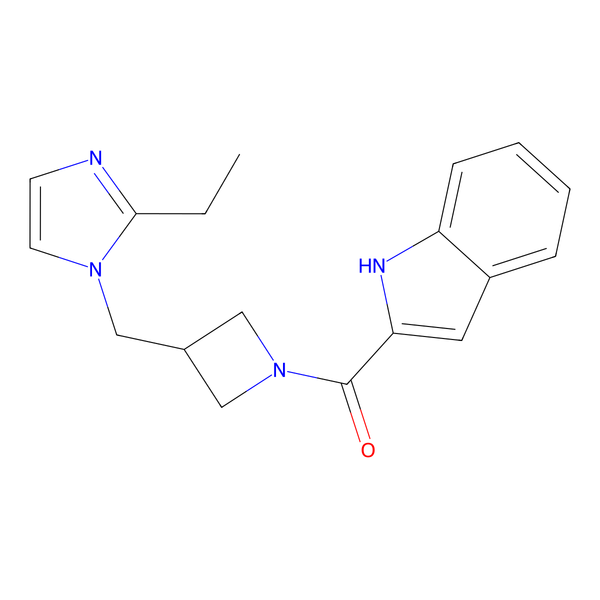 2-{3-[(2-ethyl-1H-imidazol-1-yl)methyl]azetidine-1-carbonyl}-1H-indole molecular structure, CAS 2742079-14-5