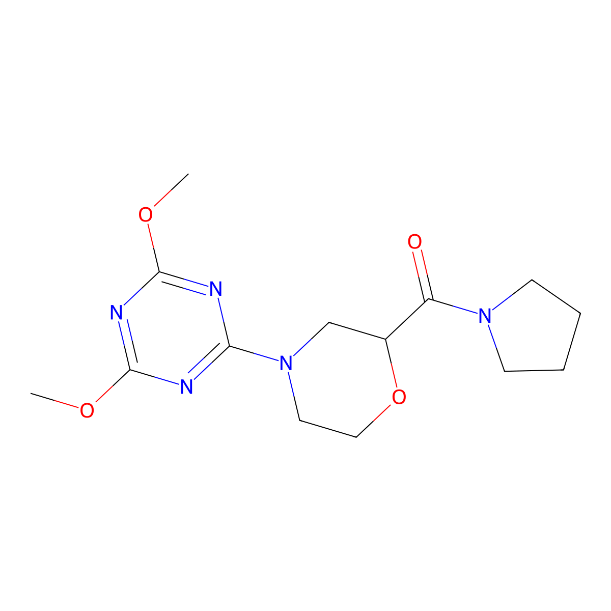 2,4-Dimethoxy-6-[2-(pyrrolidine-1-carbonyl)morpholin-4-yl]-1,3,5-triazine molecular structure, CAS 2742079-16-7