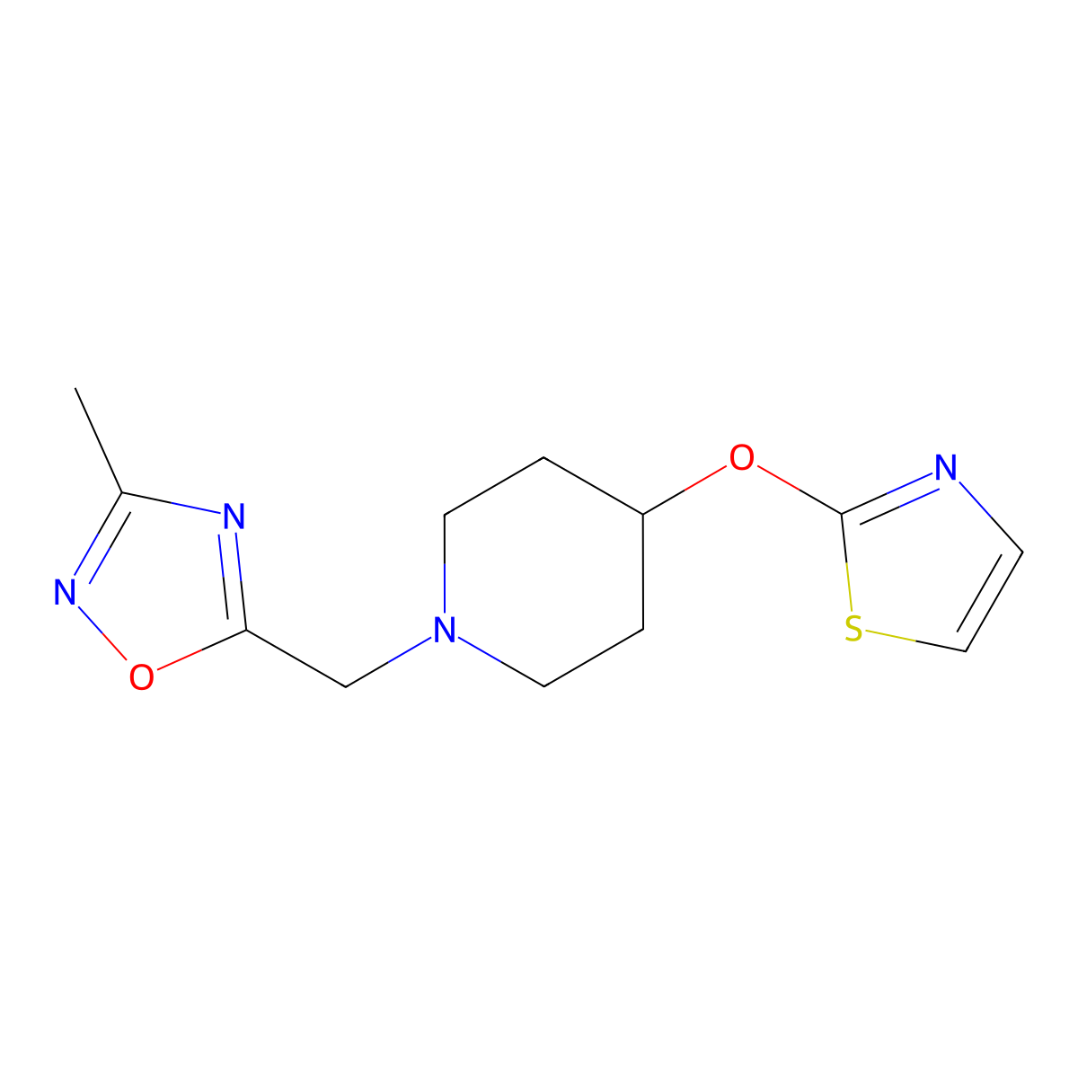 1-[(3-Methyl-1,2,4-oxadiazol-5-yl)methyl]-4-(1,3-thiazol-2-yloxy)piperidine molecular structure, CAS 2742079-20-3
