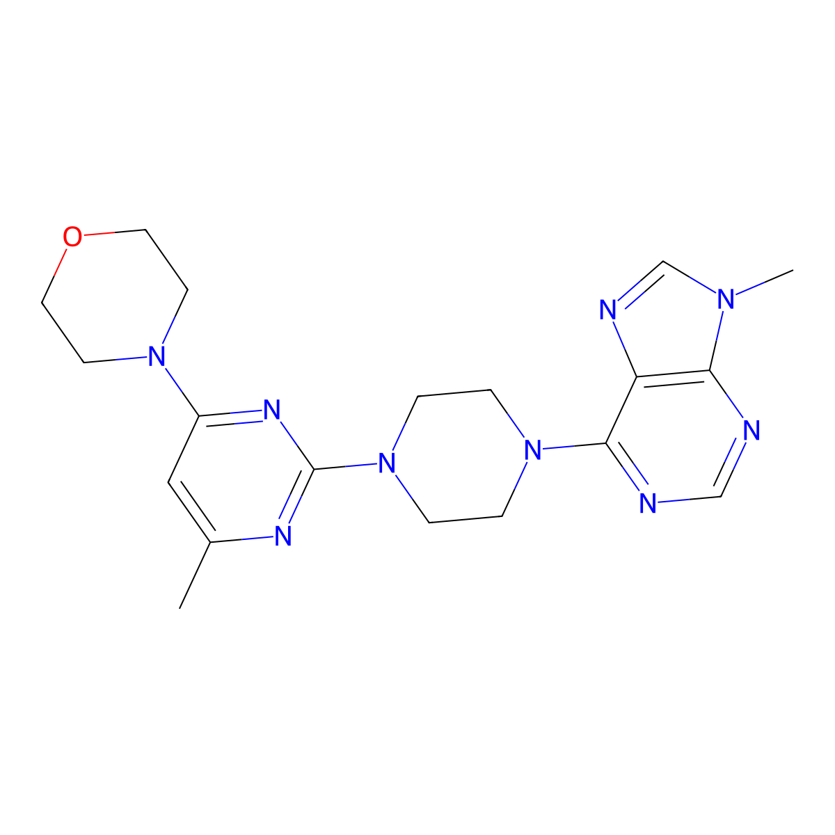 9-methyl-6-{4-[4-methyl-6-(morpholin-4-yl)pyrimidin-2-yl]piperazin-1-yl}-9H-purine molecular structure, CAS 2742079-29-2