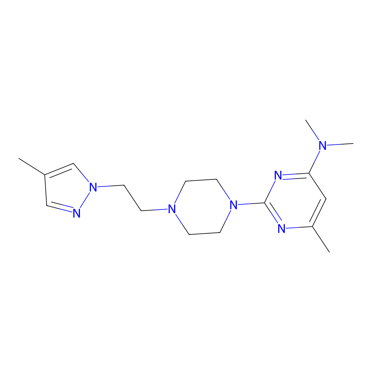 N,N,6-trimethyl-2-{4-[2-(4-methyl-1H-pyrazol-1-yl)ethyl]piperazin-1-yl}pyrimidin-4-amine molecular structure, CAS 2742079-35-0