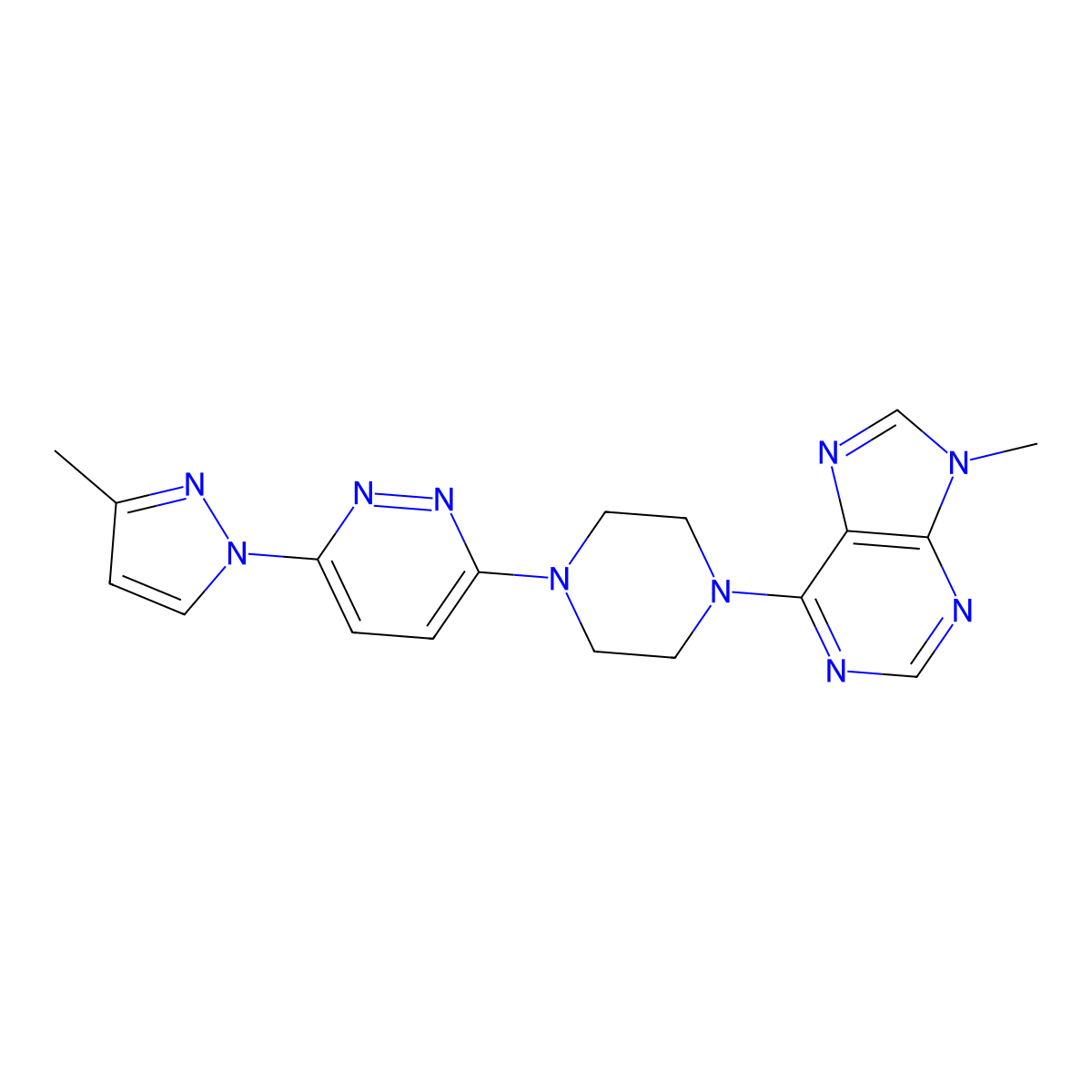 9-methyl-6-{4-[6-(3-methyl-1H-pyrazol-1-yl)pyridazin-3-yl]piperazin-1-yl}-9H-purine molecular structure, CAS 2742079-42-9