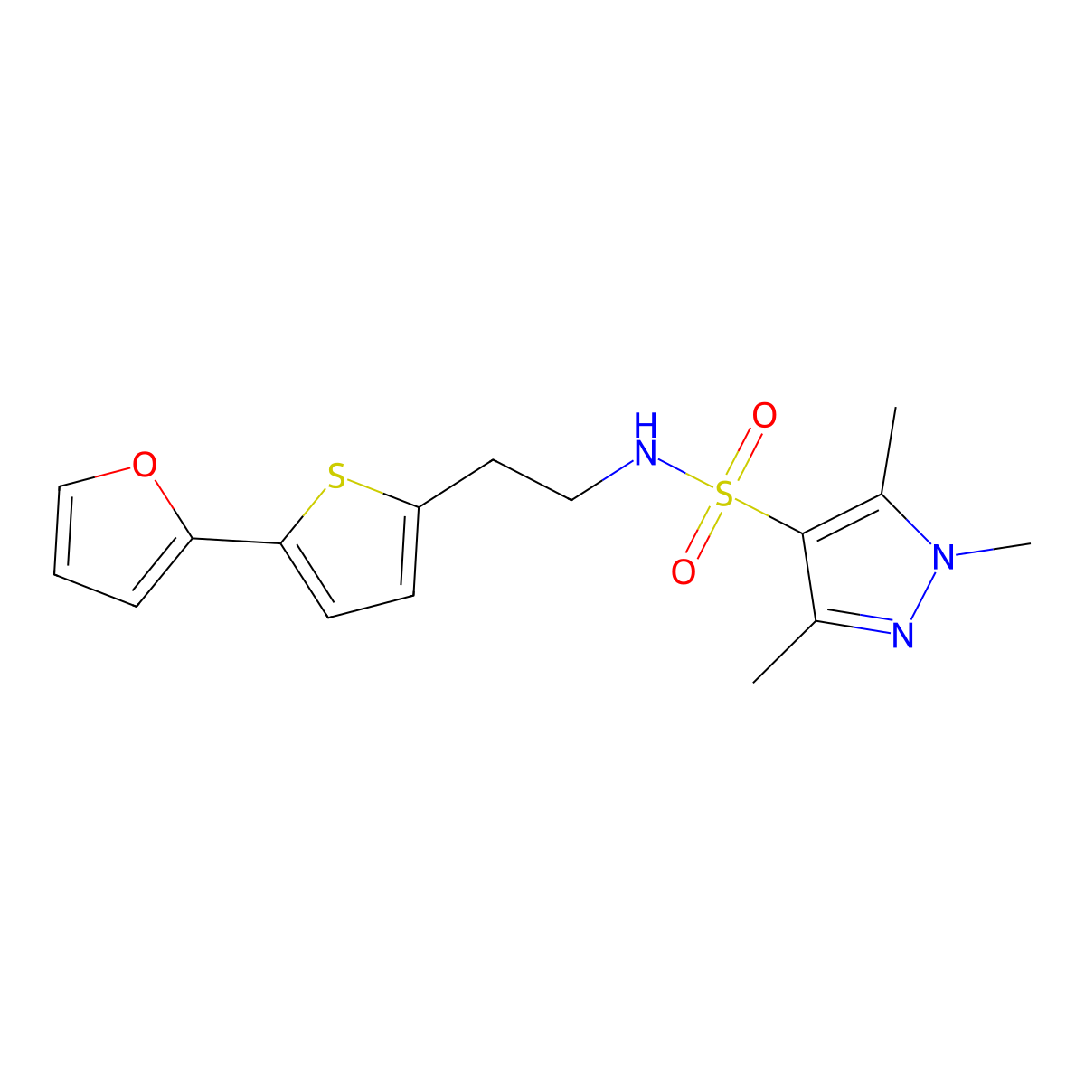 N-{2-[5-(furan-2-yl)thiophen-2-yl]ethyl}-1,3,5-trimethyl-1H-pyrazole-4-sulfonamide molecular structure, CAS 2742079-48-5