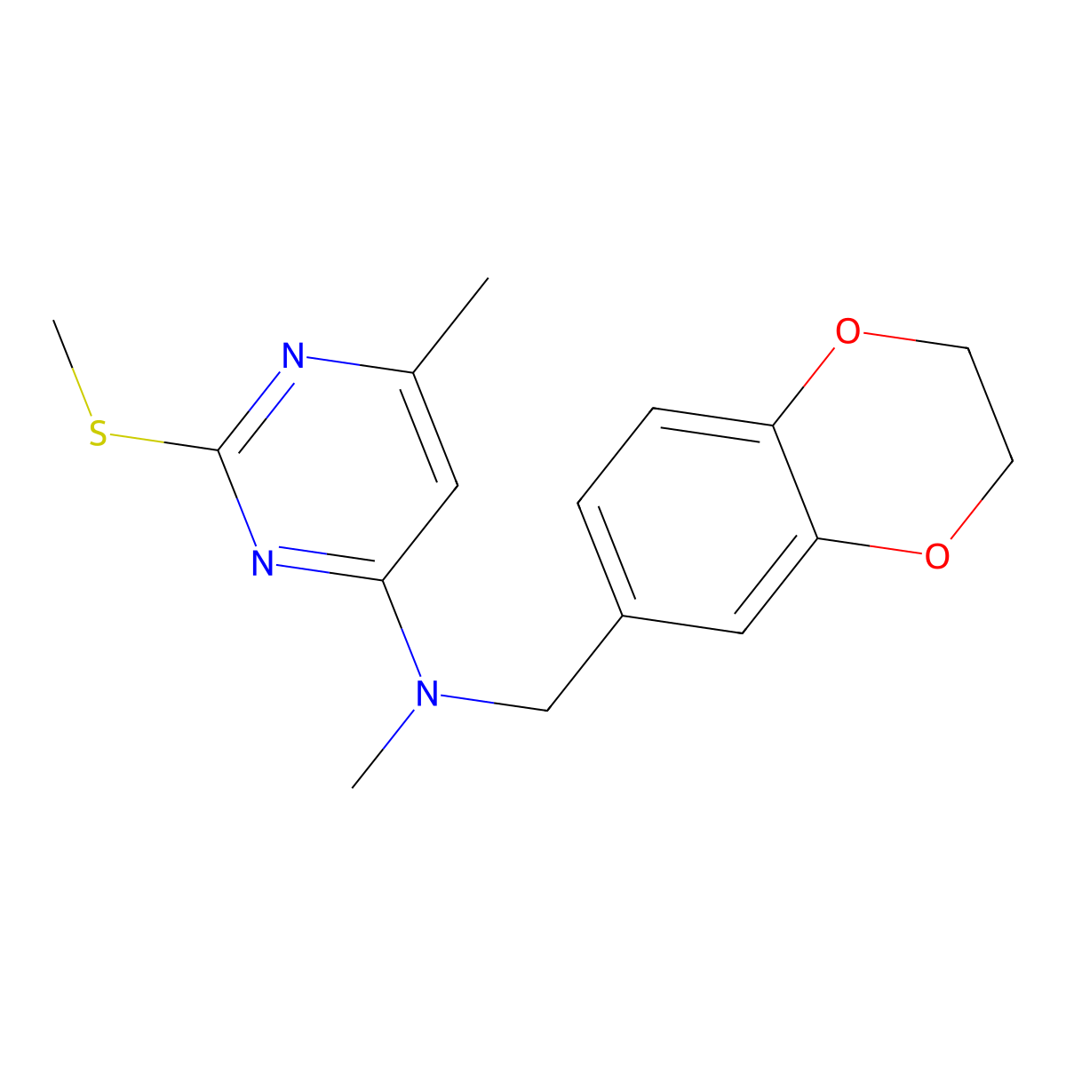 N-[(2,3-dihydro-1,4-benzodioxin-6-yl)methyl]-N,6-dimethyl-2-(methylsulfanyl)pyrimidin-4-amine molecular structure, CAS 2742079-59-8