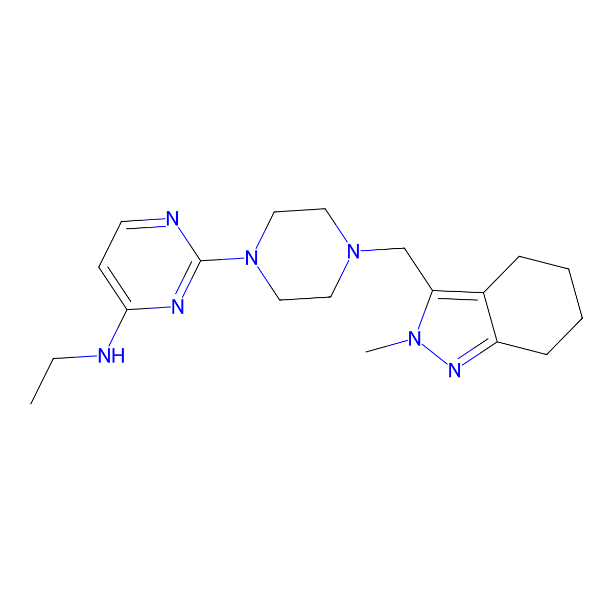 N-ethyl-2-{4-[(2-methyl-4,5,6,7-tetrahydro-2H-indazol-3-yl)methyl]piperazin-1-yl}pyrimidin-4-amine molecular structure, CAS 2742079-63-4