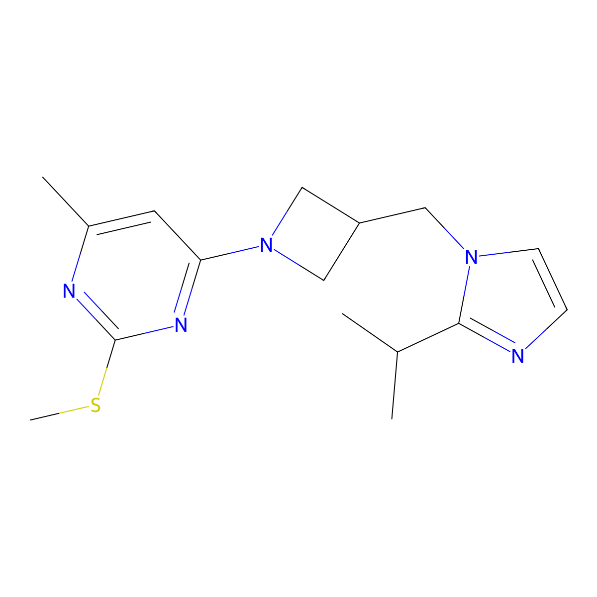 4-methyl-2-(methylsulfanyl)-6-(3-{[2-(propan-2-yl)-1H-imidazol-1-yl]methyl}azetidin-1-yl)pyrimidine molecular structure, CAS 2742079-68-9