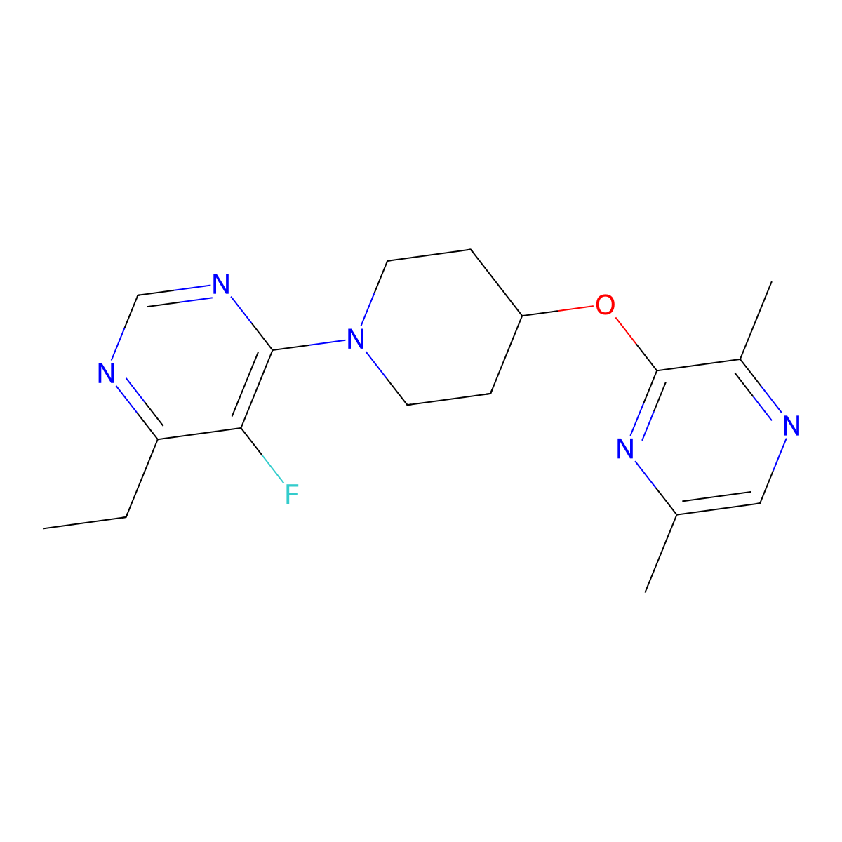 4-{4-[(3,6-Dimethylpyrazin-2-yl)oxy]piperidin-1-yl}-6-ethyl-5-fluoropyrimidine molecular structure, CAS 2742079-70-3