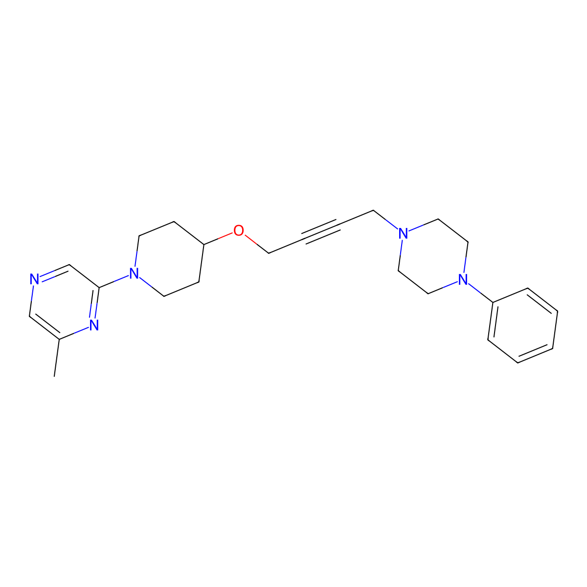 2-Methyl-6-(4-{[4-(4-phenylpiperazin-1-yl)but-2-yn-1-yl]oxy}piperidin-1-yl)pyrazine molecular structure, CAS 2742079-71-4