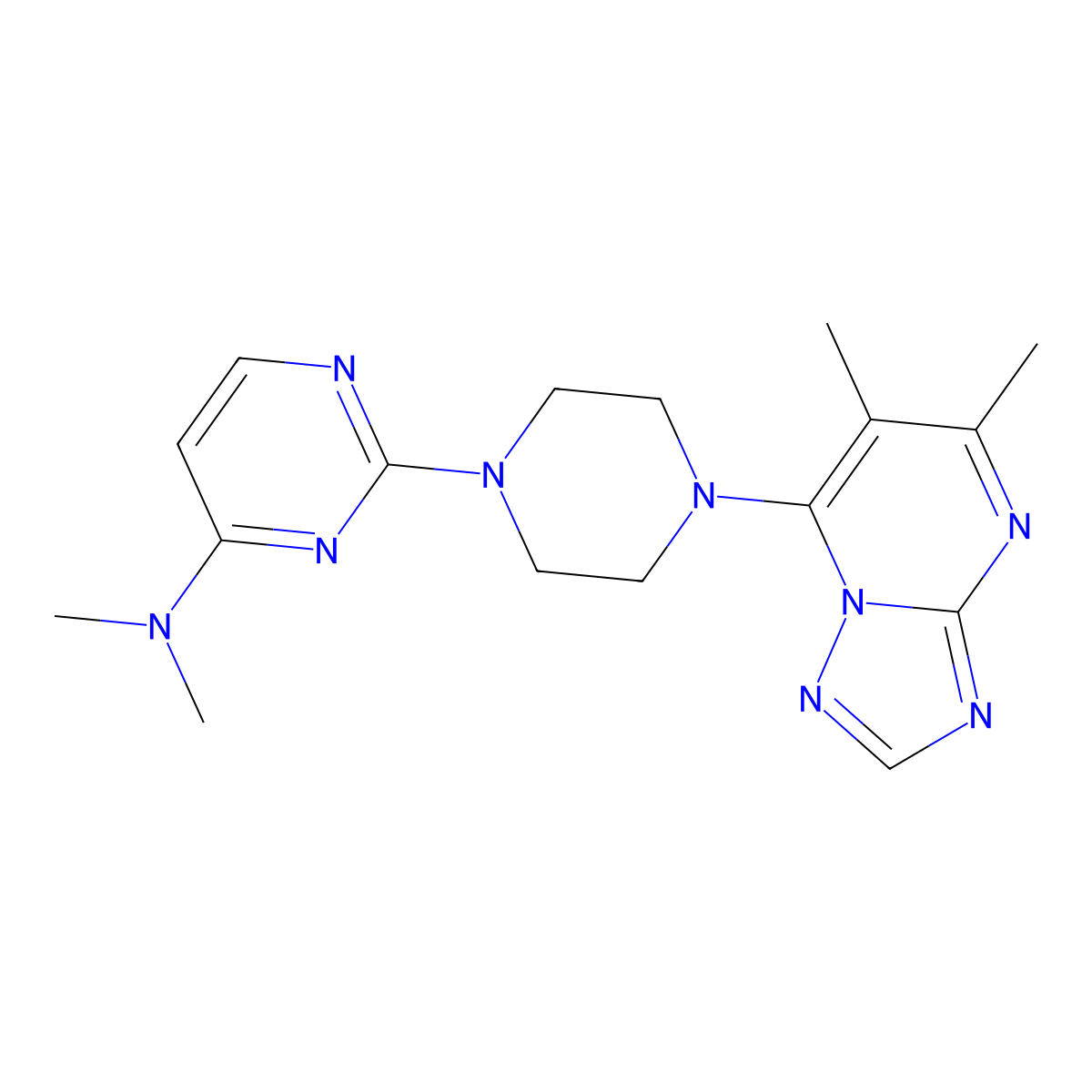 2-(4-{5,6-dimethyl-[1,2,4]triazolo[1,5-a]pyrimidin-7-yl}piperazin-1-yl)-N,N-dimethylpyrimidin-4-amine molecular structure, CAS 2742079-73-6