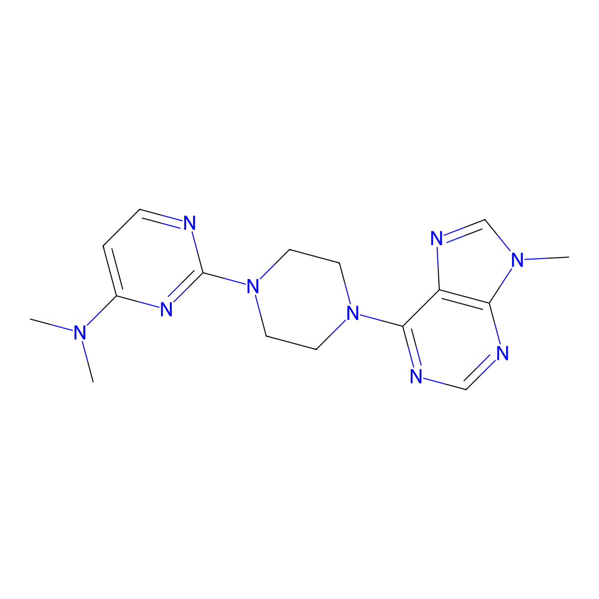 N,N-dimethyl-2-[4-(9-methyl-9H-purin-6-yl)piperazin-1-yl]pyrimidin-4-amine molecular structure, CAS 2742079-75-8