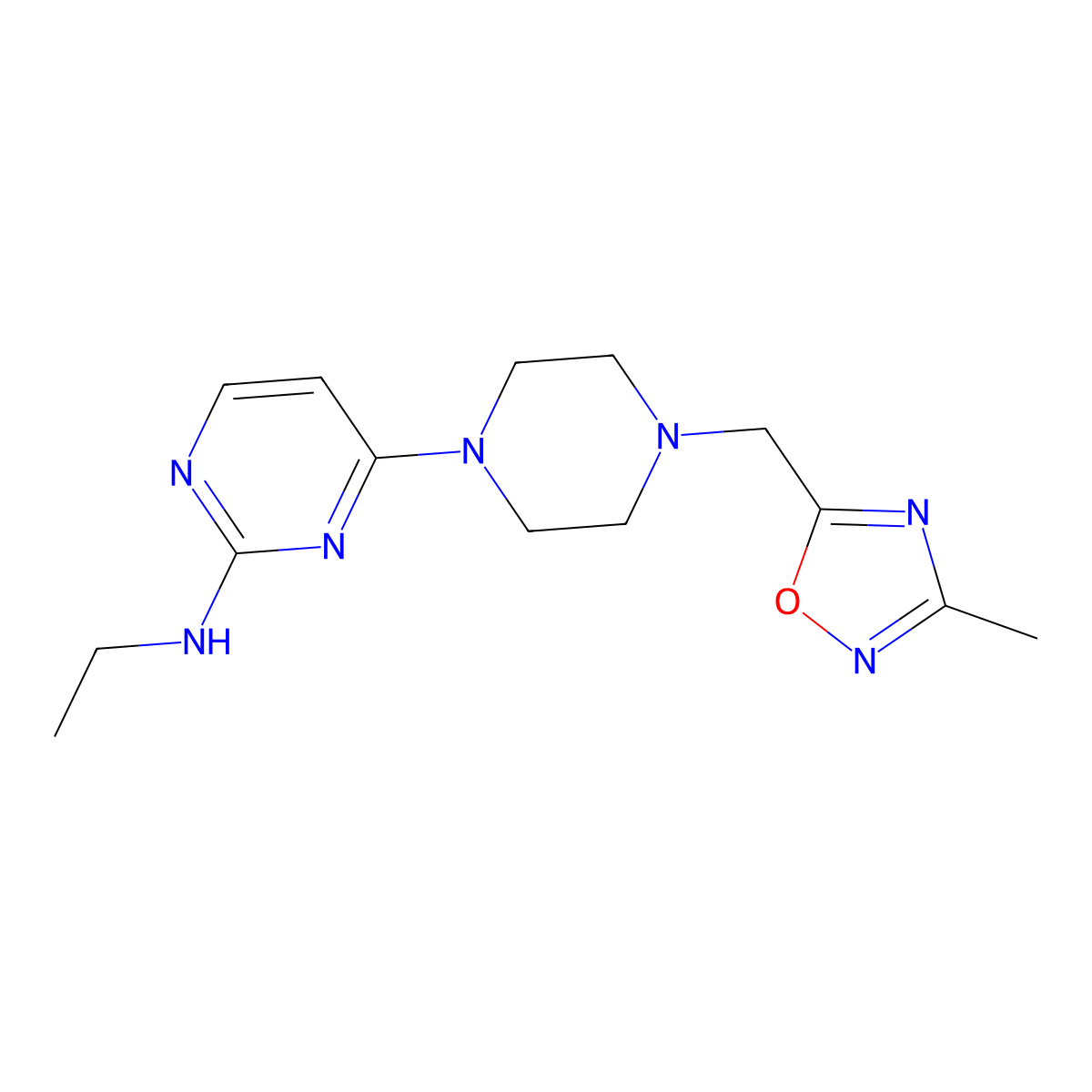 N-ethyl-4-{4-[(3-methyl-1,2,4-oxadiazol-5-yl)methyl]piperazin-1-yl}pyrimidin-2-amine molecular structure, CAS 2742079-76-9